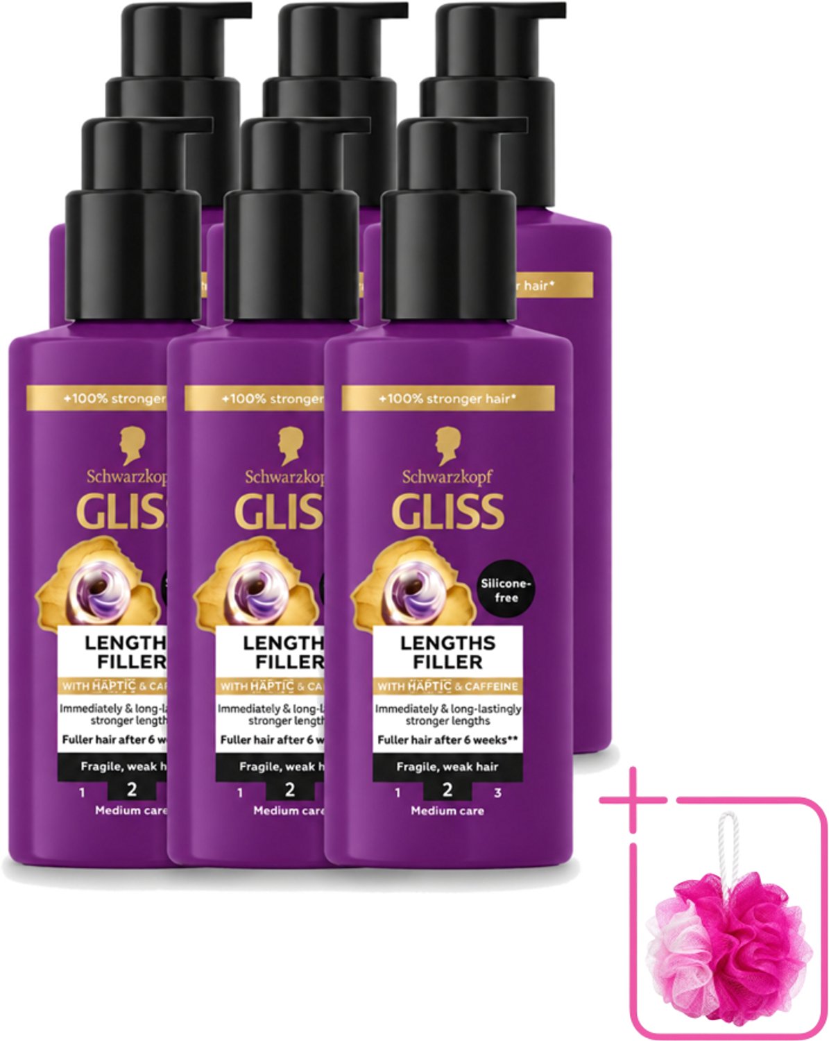 6 x Gliss - Haarserum - Lengths Filler - Siliconenvrij met Cafeïne - Voor Sterker Haar - 100 ml - Bulkverpakking - Haarserum - Douchemop - Cafeïne
