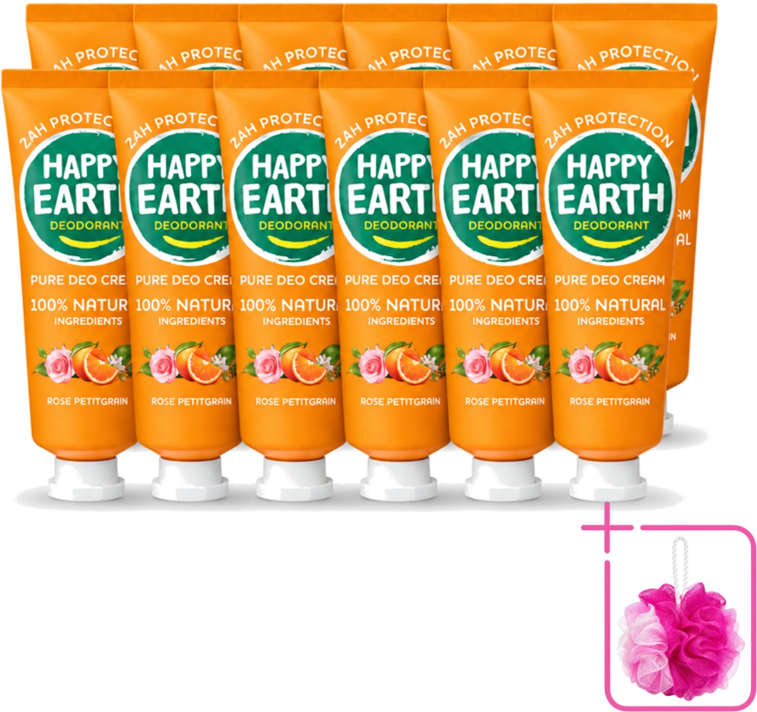 12 x Happy Earth – Deodorant Cream – 100% Natuurlijk Rose Petitgrain – 40 ml - Bulkverpakking - Natuurlijke deodorant - Douchemop - Deodorant crème