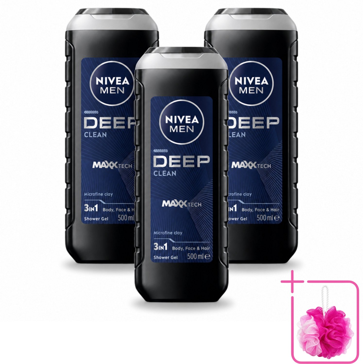 3 x NIVEA MEN - Douchegel - Deep Clean 3-in-1 - 500 ml - Bulkverpakking - Diepe reiniging - Douchemop - Microklei