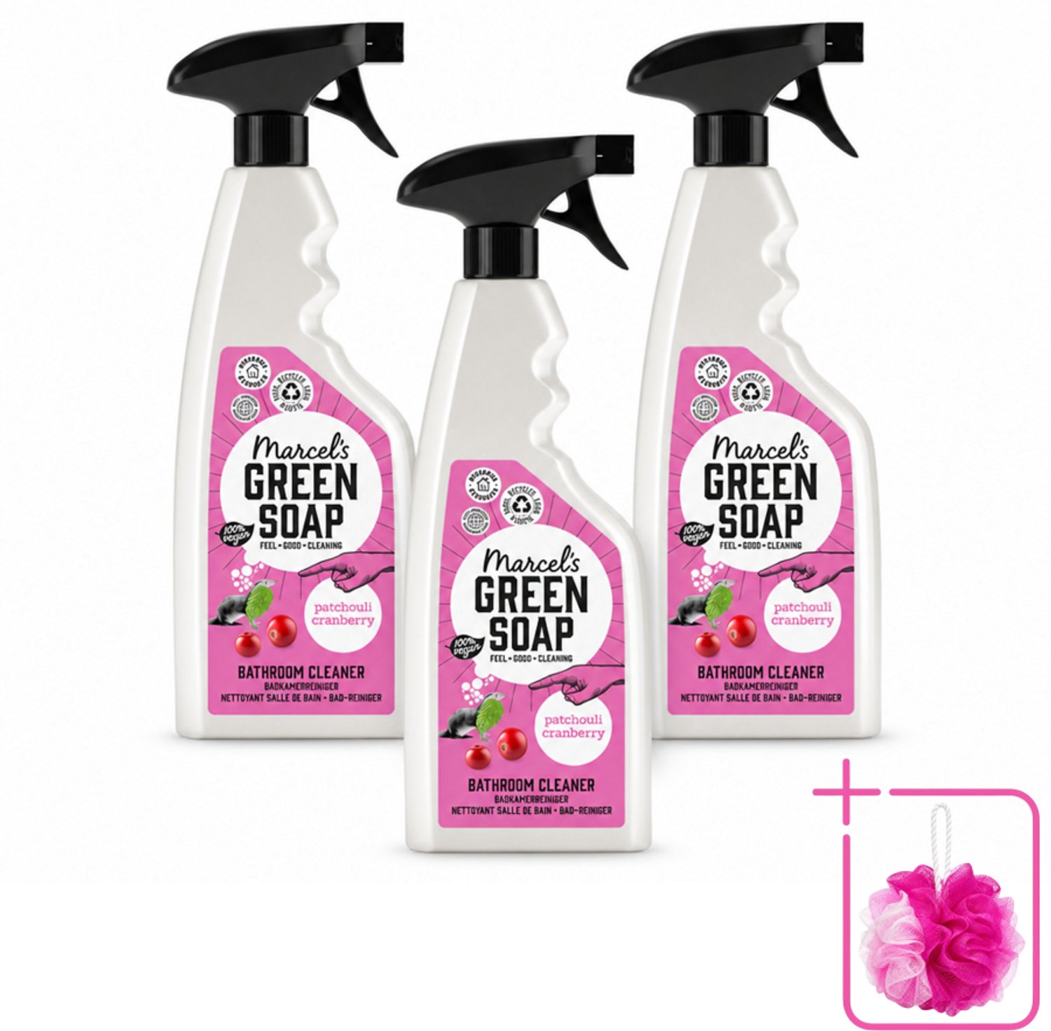 3 x Marcel's Green Soap - Badkamerreiniger - Patchouli & Cranberry - Krachtige werking - 500 ml - Bulkverpakking - Badkamerreiniger - Douchemop - Zeepresten verwijderen