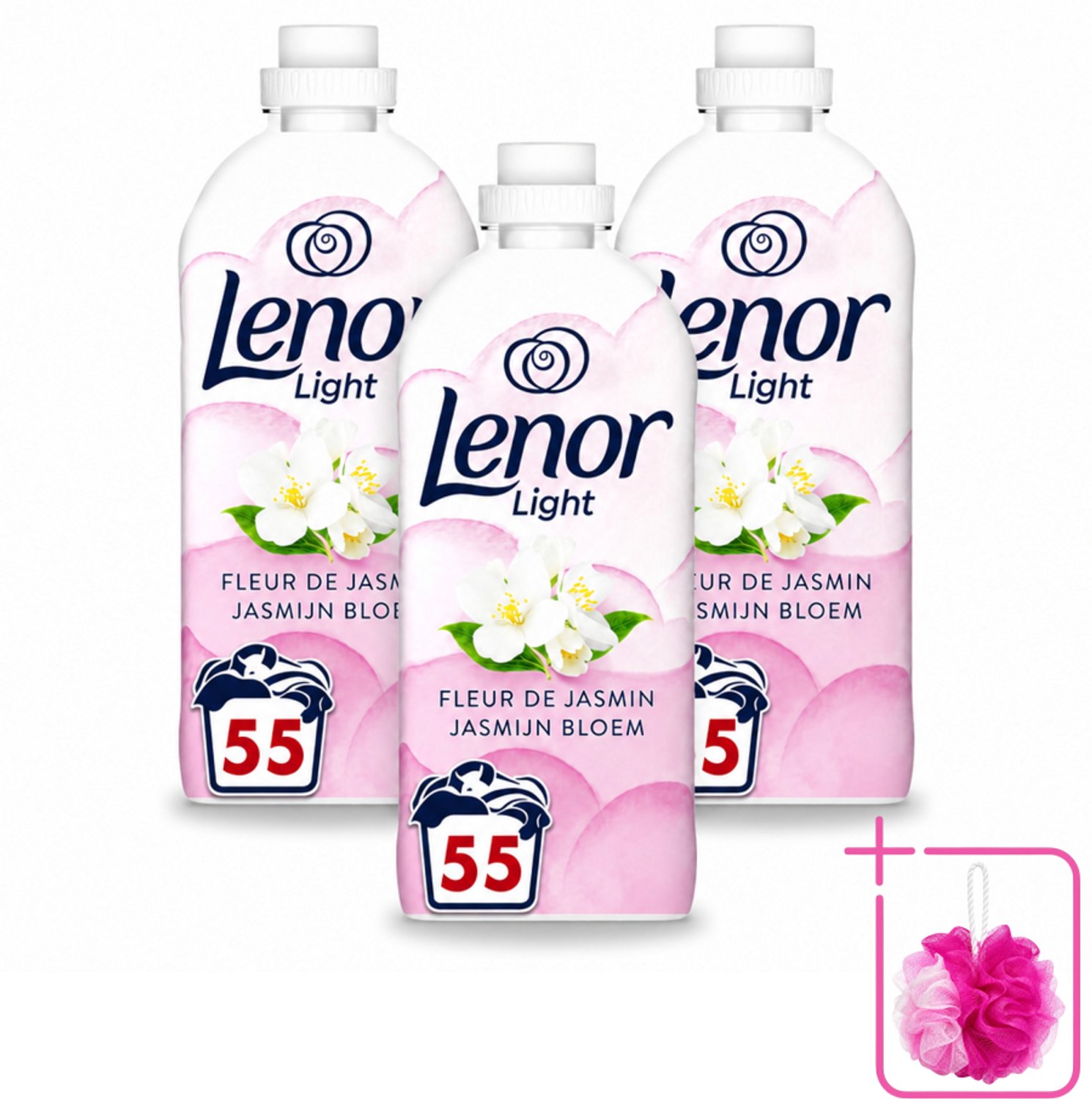 3 x Lenor Light - Wasverzachter - Jasmijnbloem - Fris & Zacht - 55 Wasbeurten - Bulkverpakking - Wasverzachter - Douchemop - Jasmijn