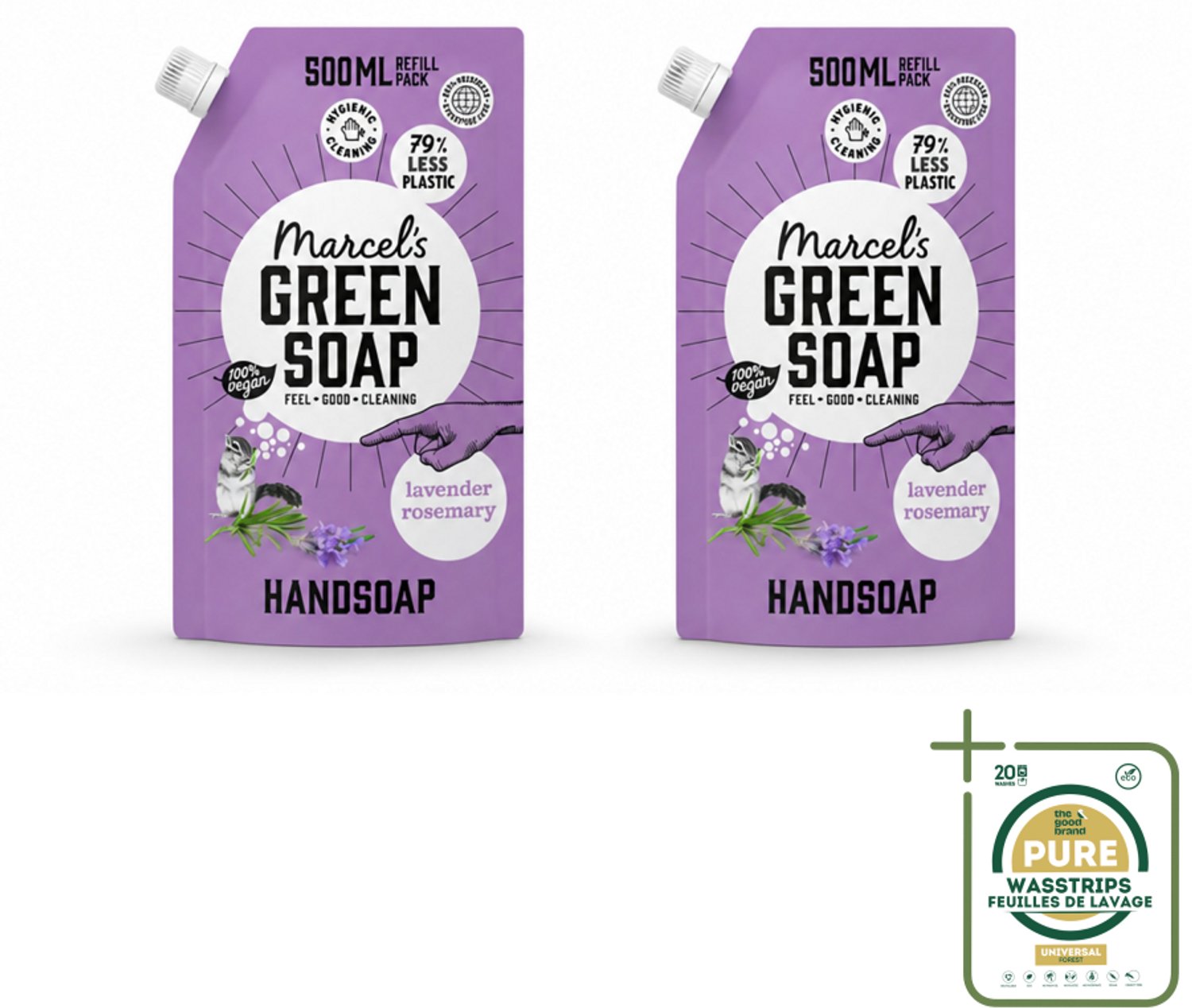 2 x Marcel’s Green Soap – Handzeep Navulling – Lavendel & Rozemarijn – 500 ml - Wasstrips - Handzeep - Natuurlijke Handzeep - Handzeep Lavendel - Handzeep Rozemarijn - Handzeep Navulling