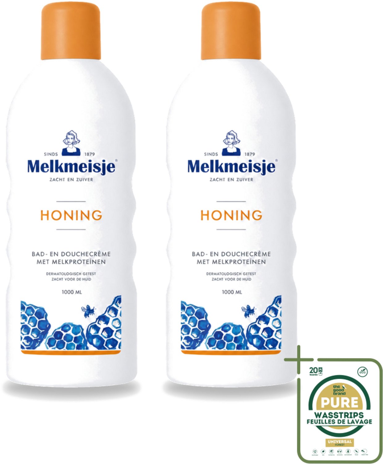 2 x Melkmeisje – Bad & Douche – Honing – 1000 ml - Wasstrips - Bad En Douche Crème - Honing Crème - Voedend Badmiddel - Verzorgend Badmiddel - Honinggeur
