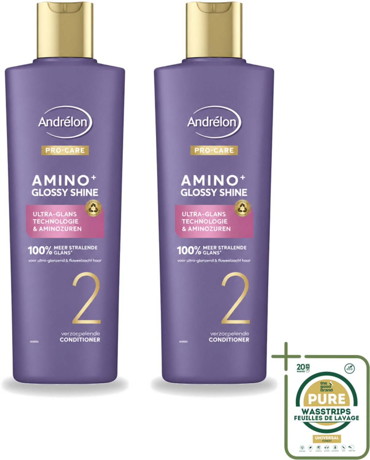 2 x Andrélon – Conditioner – Pro Care Amino+ Glossy Shine – 250 ml - Wasstrips - Haarverzorging - Glans - Aminozuren - Haarconditioner - Zijdezacht Haar
