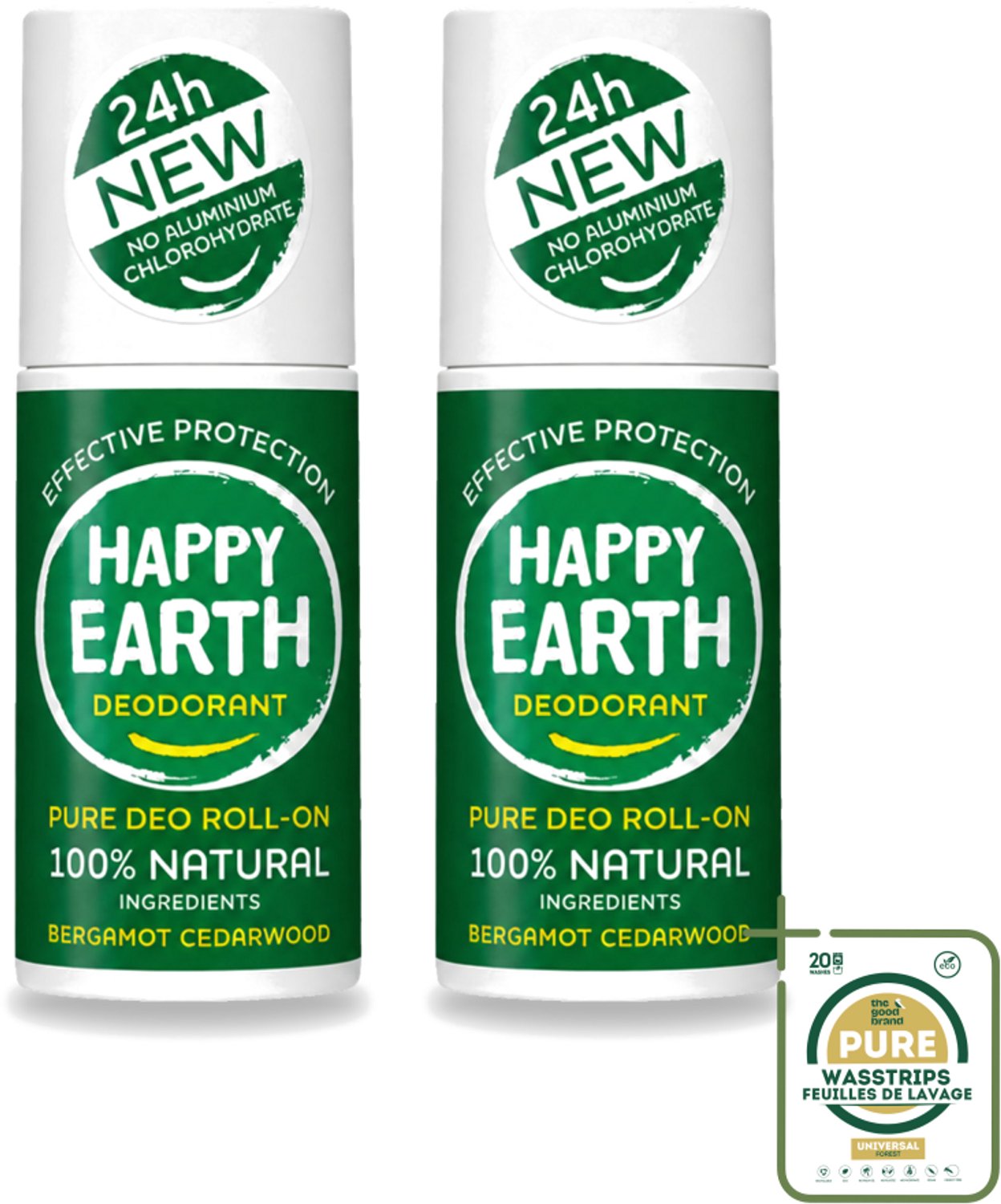 2 x Happy Earth – Deodorant Roll-On – 100% Natuurlijk Bergamot Cedarwood – 75 ml - Wasstrips - Natuurlijke Deodorant - Bergamot - Cederhout - Roll-on Deodorant - 24 Uur Geurbeleid