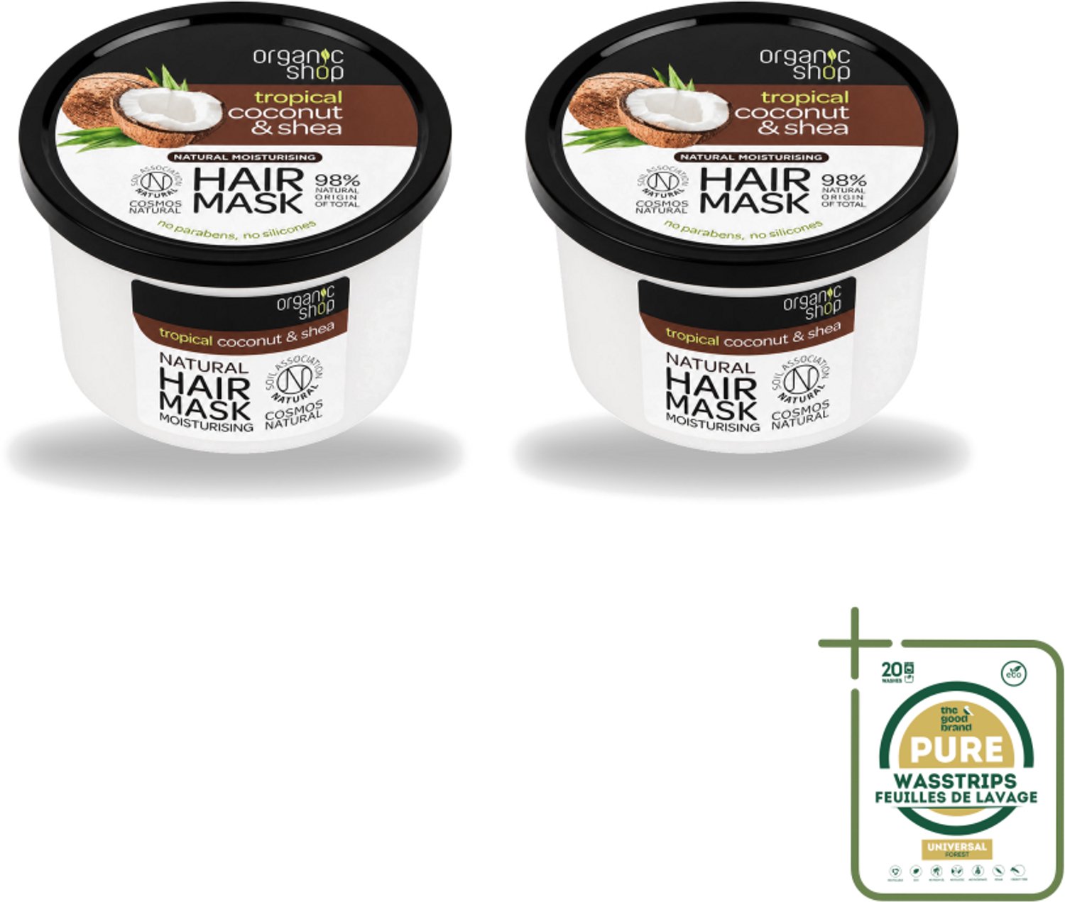 2 x Organic Shop - Haarmasker Coconut & Shea - Verzorgend en Voedend - 250 ml - Wasstrips - Haarmasker - Haarverzorging - Hydratatie - Voeding - Haarherstel