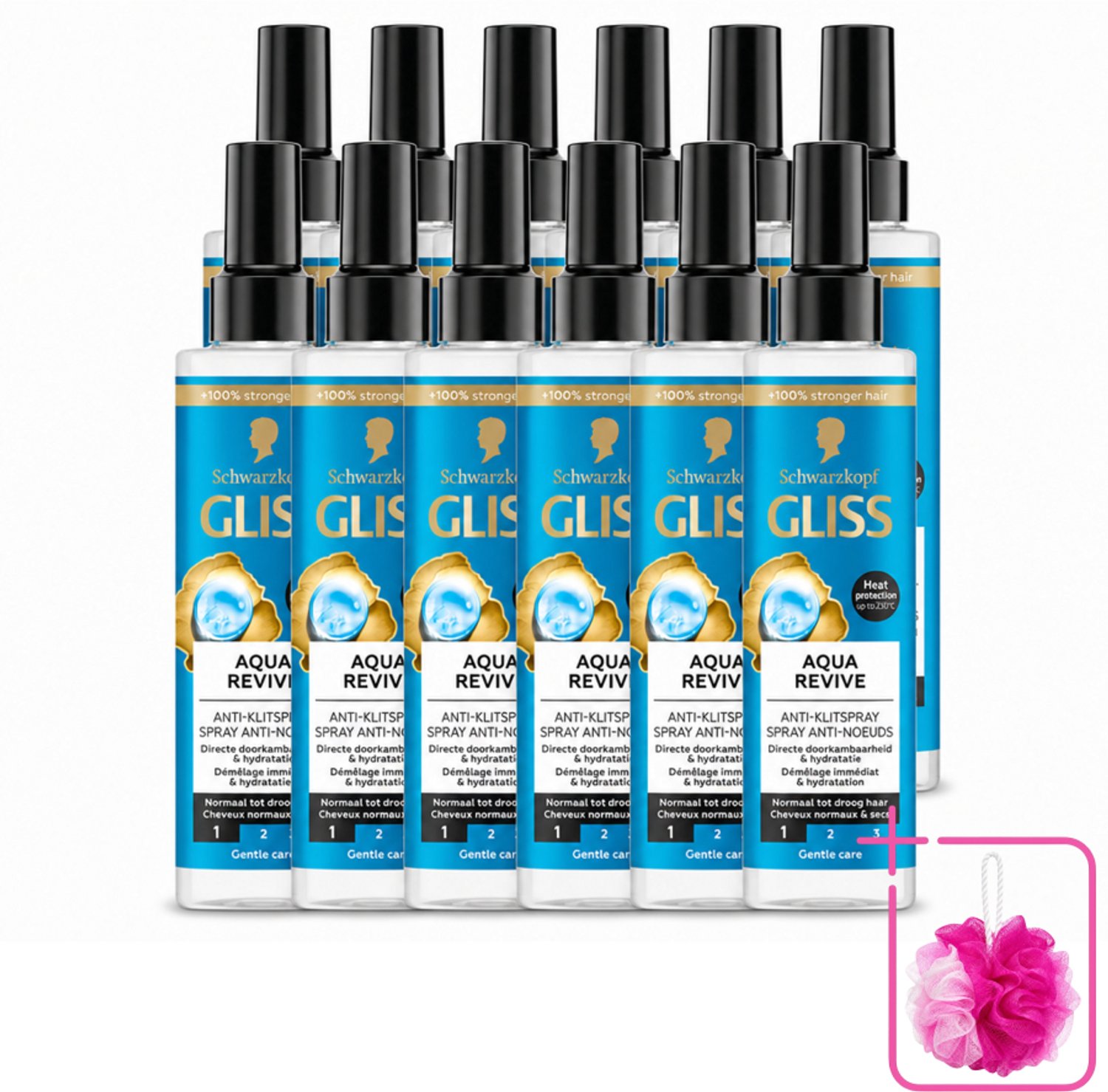 12 x Gliss - Anti-Klit Spray Aqua Revive - Voor Hydraterend en Makkelijk Doorkambaar Haar - 200 ml - Bulkverpakking - Hydraterende spray - Douchemop - Droog haar