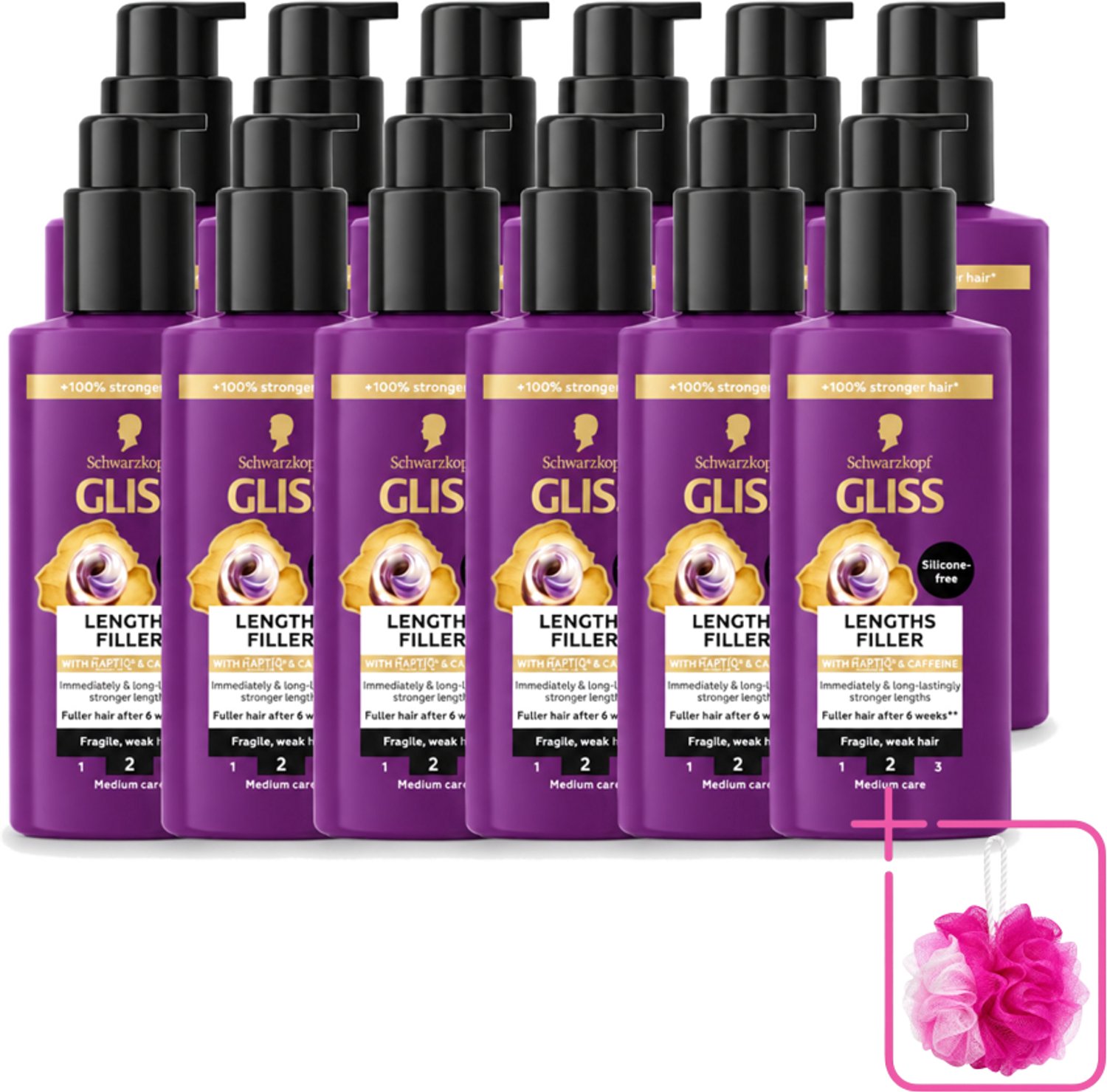 12 x Gliss - Haarserum - Lengths Filler - Siliconenvrij met Cafeïne - Voor Sterker Haar - 100 ml - Bulkverpakking - Haarserum - Douchemop - Cafeïne
