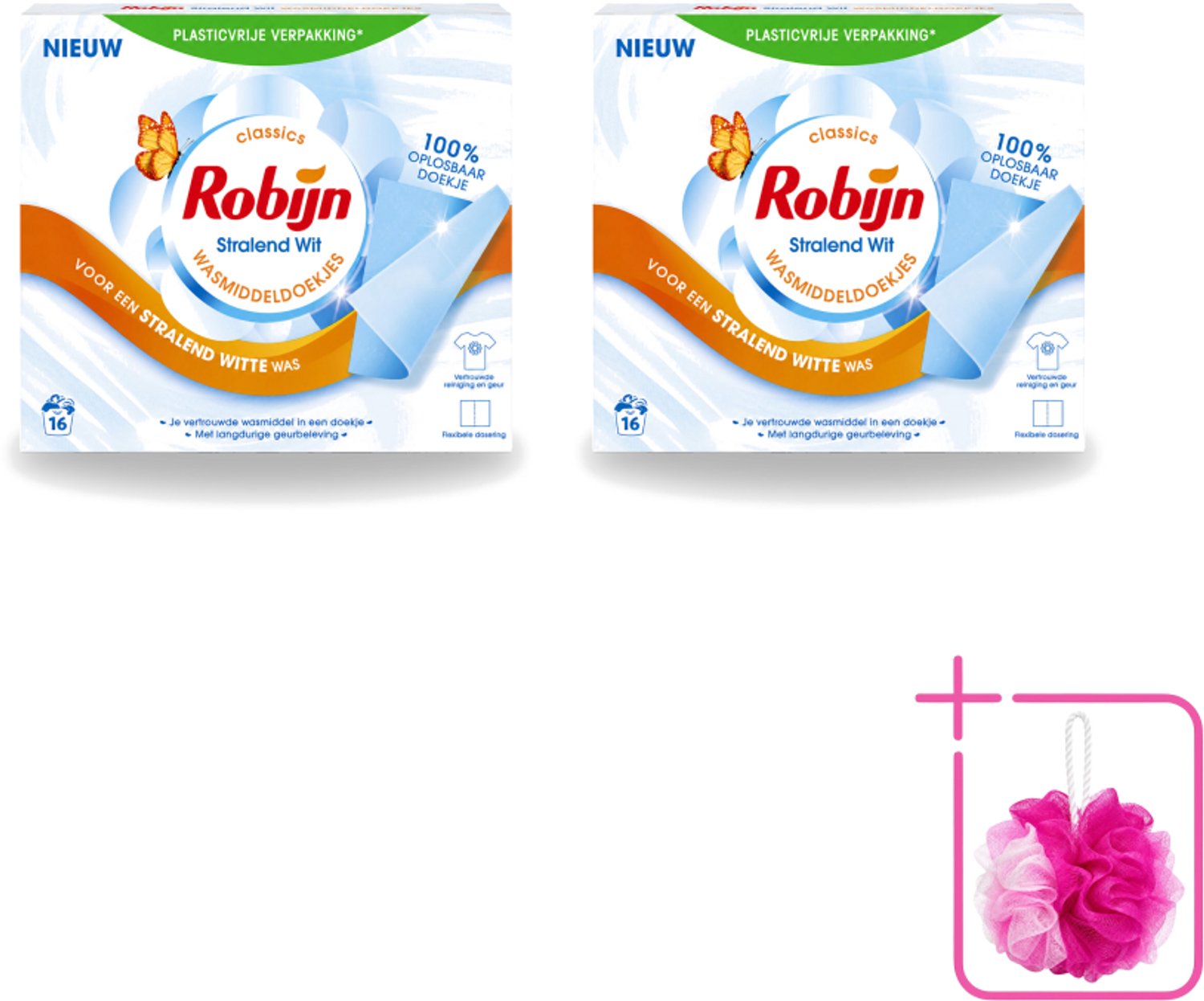 2 x Robijn Classics - Stralend Wit - Wasmiddeldoekjes - 16 Wasstrips - Bulkverpakking - Wasmiddeldoekjes - Douchemop - Stralend Wit