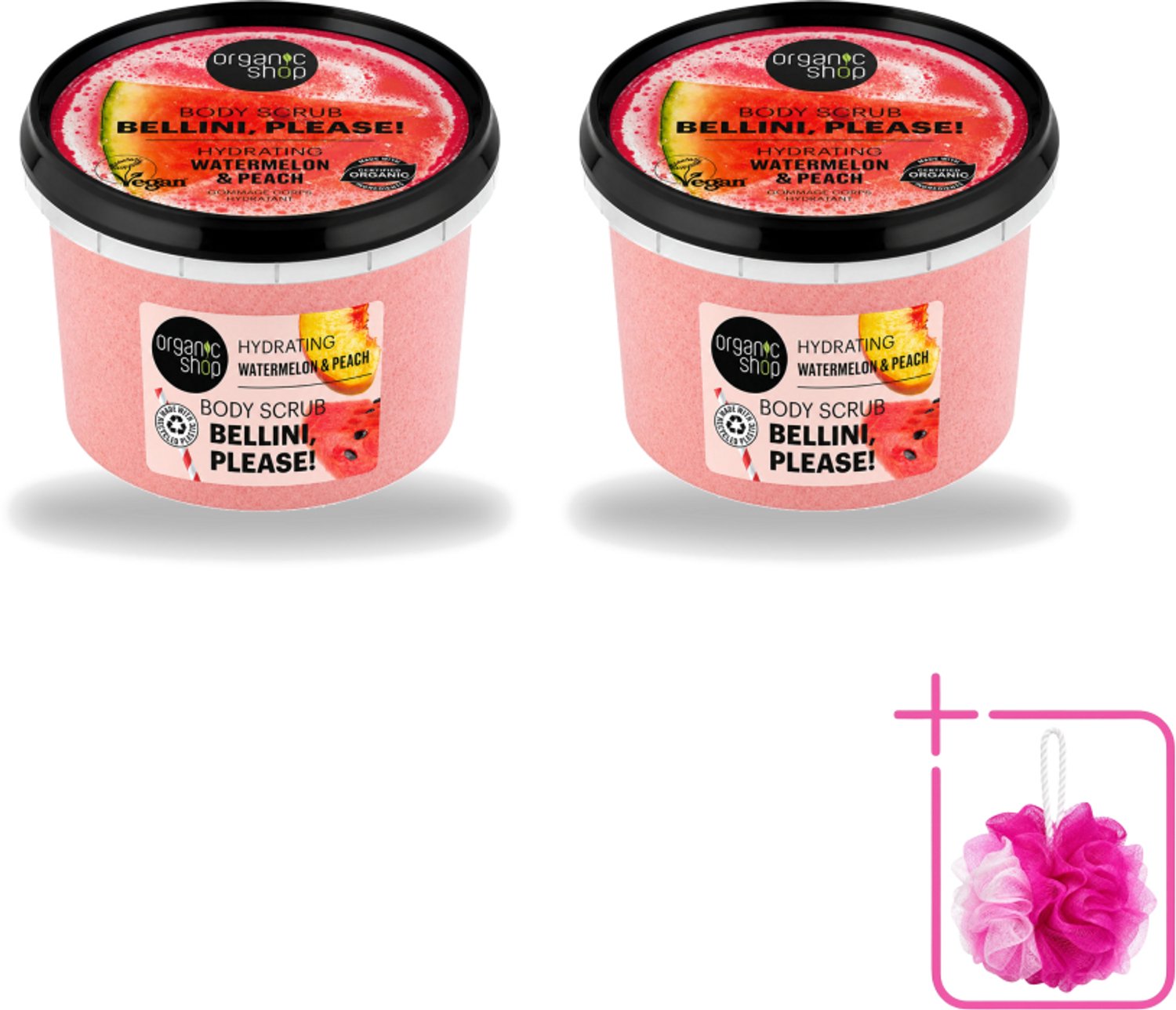 2 x Organic Shop - Body Scrub Watermelon & Peach - Hydratatie en Frisheid - 250 ml - Bulkverpakking - Bodyscrub - Douchemop - Hydraterende scrub