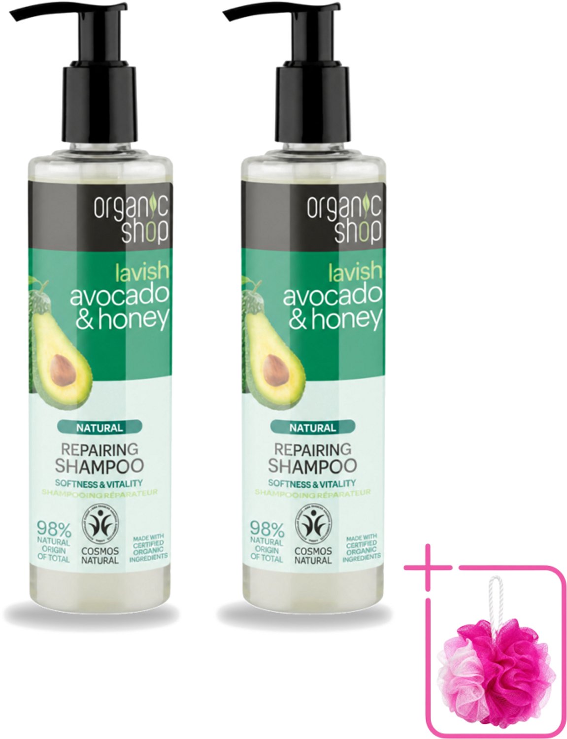 2 x Organic Shop - Natural Repairing Shampoo - Avocado & Honey - Hydraterend en Herstellend - 280 ml - Bulkverpakking - Natuurlijke shampoo - Douchemop - Avocado en honing