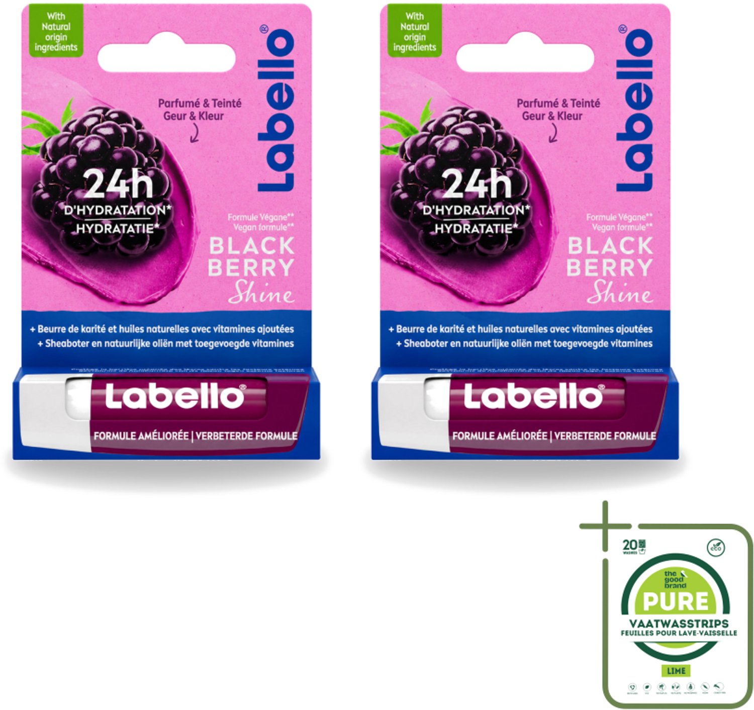 2 x Labello – Lippenbalsem – Blackberry Shine – Lippenbalsem – Shea Boter & Jojoba Olie – 5,5 ml - Grootverpakking - Vaatwasstrips - Lippenbalsem - Hydratatie - Glans - Braam - Natuurlijke Oliën