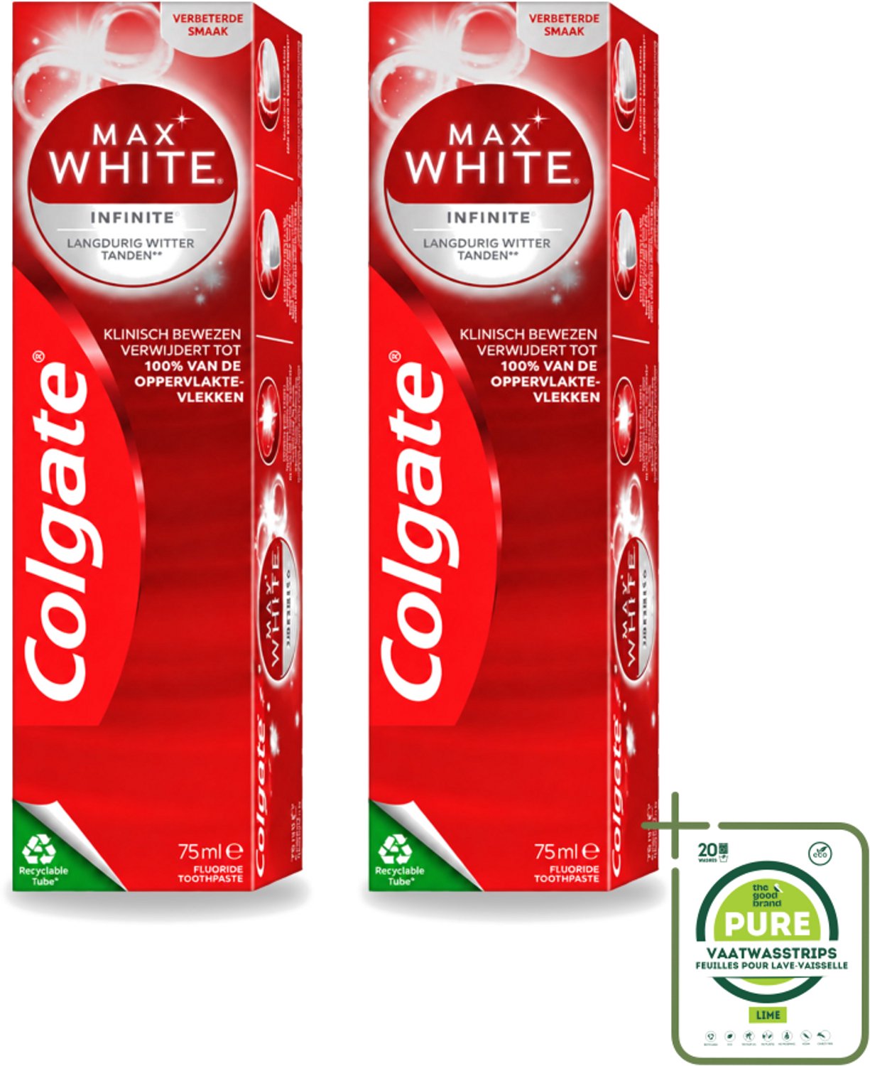 2 x Colgate – Max White Infinite – Tandpasta – 75 ml - Grootverpakking - Vaatwasstrips - Witte Tanden - Tandpasta - Anti-vlekken - Tandgezondheid - Glazuur Beschermen