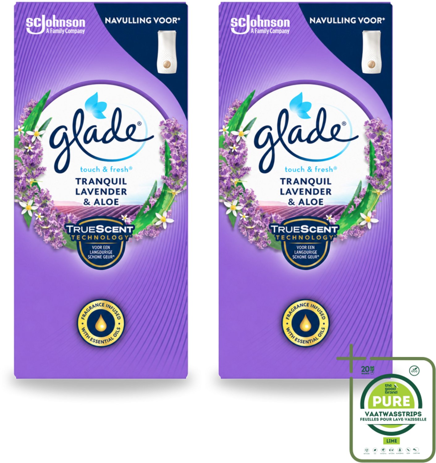 2 x Glade – Touch & Fresh Navulling – Tranquil Lavender & Aloe – 10 ml - Grootverpakking - Vaatwasstrips - Lavendel En Aloë Luchtverfrisser - Compacte Geurboost - Touch & Fresh Navulling - Glade Lavendel Geur