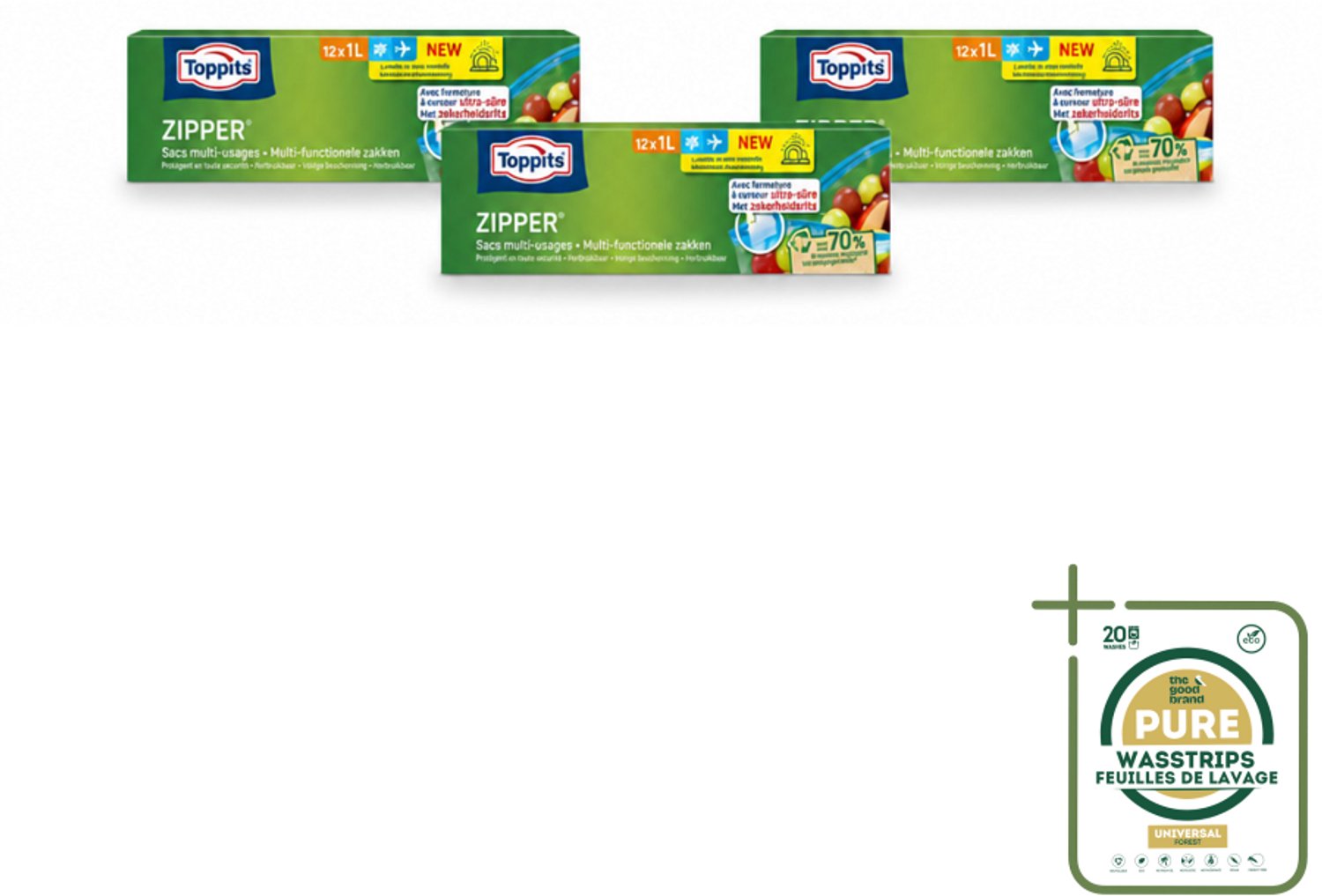 3 x Toppits – Zipper Multifunctionele Zakken – 1 Liter – 12 Zakjes - Wasstrips - Zipper Zakken - Voedsel Bewaren - Restjes Bewaren - Snacks - Marinade