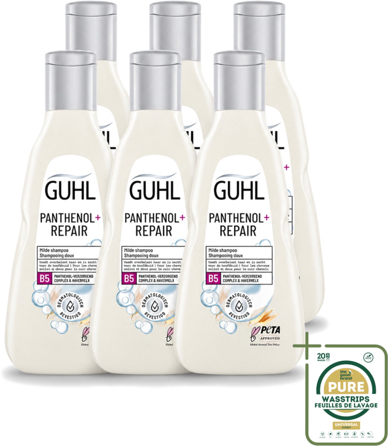 6 x Guhl – Shampoo – Panthenol+ Repair – 250 ml - Wasstrips - Panthenol Shampoo - Herstellend Shampoo - Hydraterend Haar - Droog Haar Shampoo - Haar Herstel