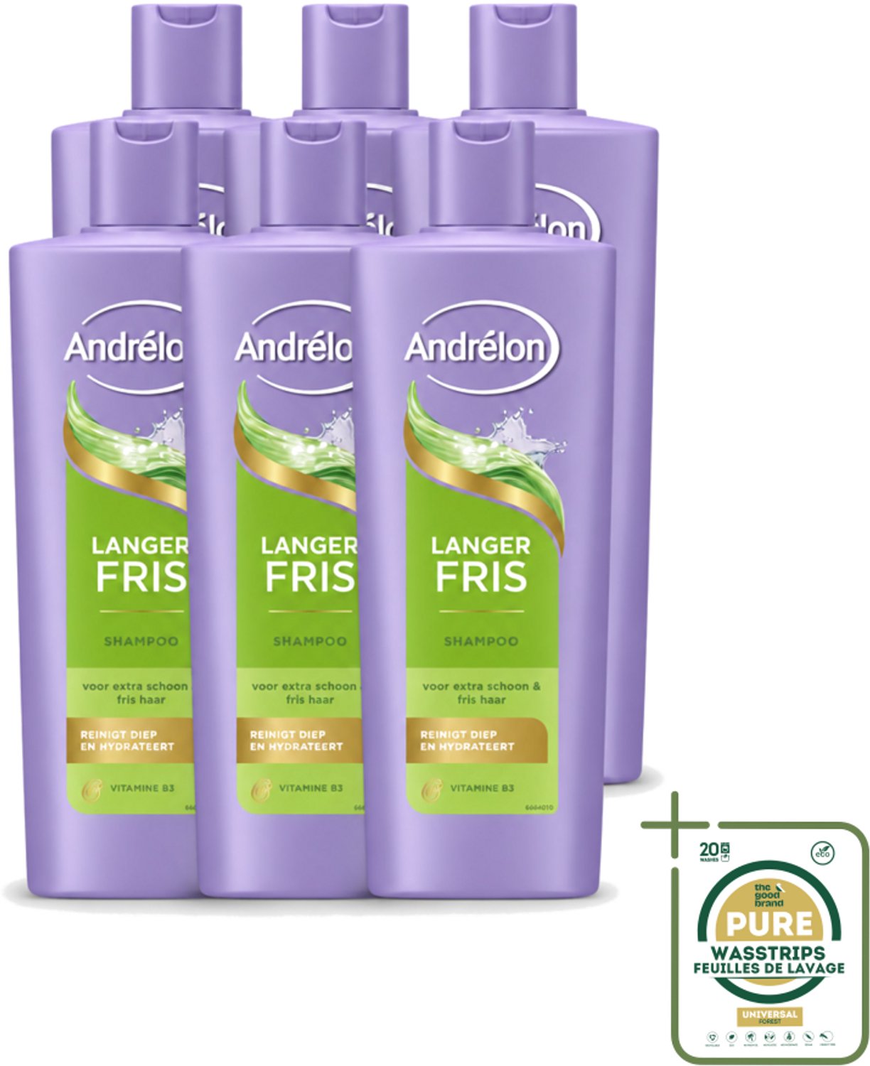 6 x Andrélon – Shampoo – Langer Fris – 400 ml - Wasstrips - Haar Reinigen - Fris Haar - Luchtig Haar - Vitamine B3 - Vet Haar