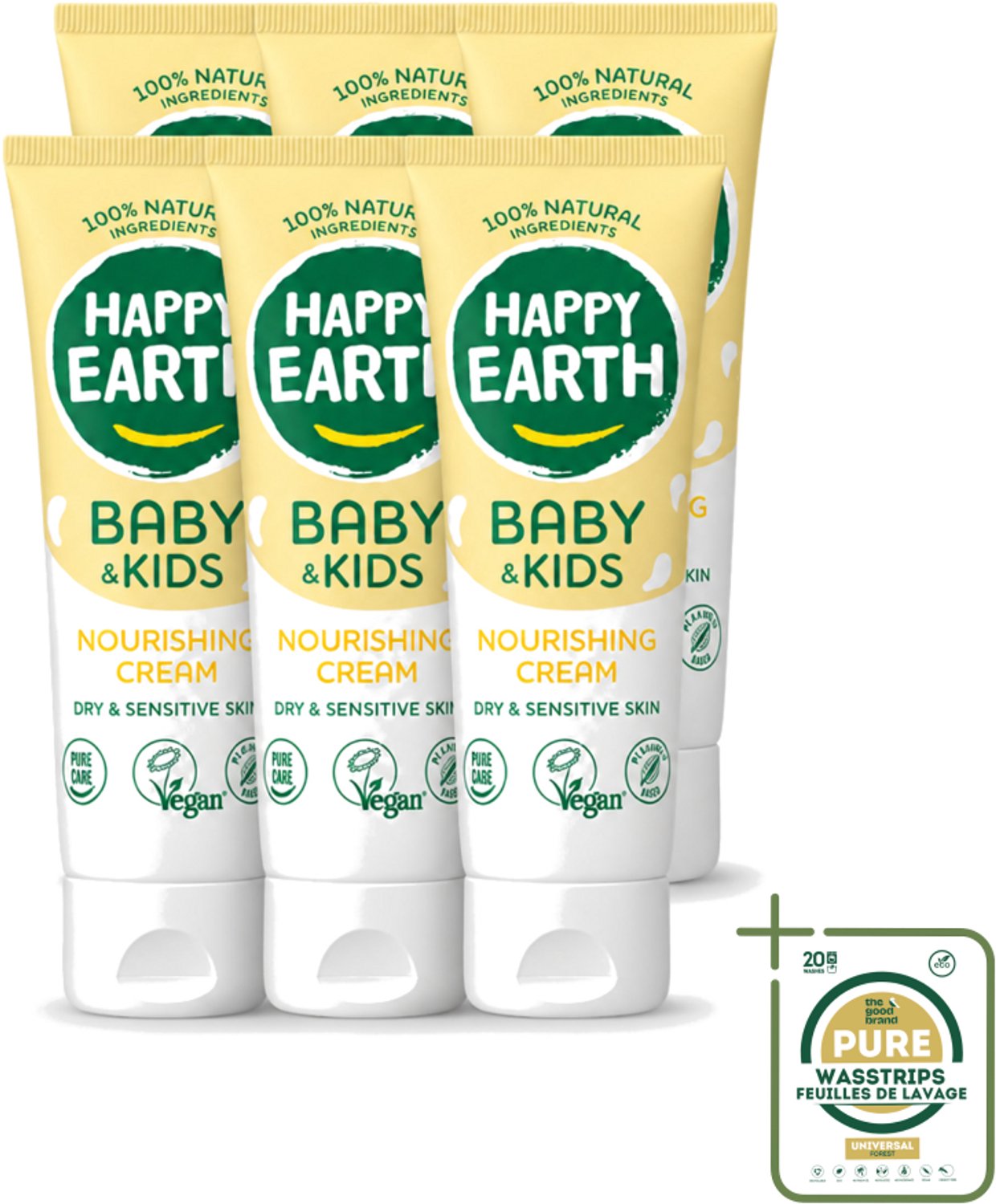 6 x Happy Earth – Nourishing Cream – 100% Natuurlijk Baby & Kids – 75 ml - Wasstrips - 100% Natuurlijke Crème - Babyhuid Verzorging - Gevoelige Huid Verzorging - Droge Huid Verzorging - Sheaboter Crème