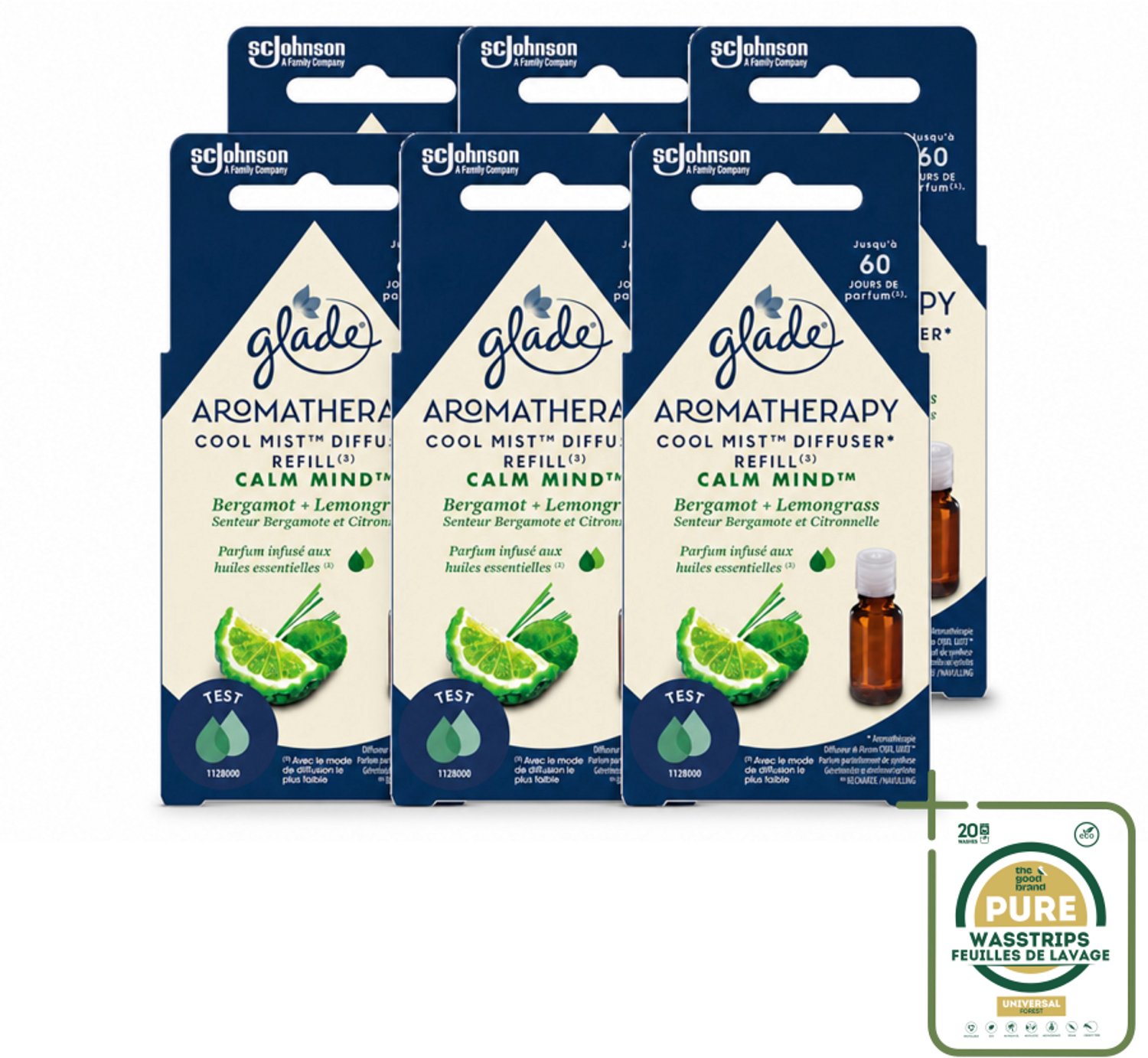 6 x Glade – Aromatherapy Mist Diffuser Navulling – Calm Mind – 17,4 ml - Wasstrips - Aromatherapie - Ontspanning - Luchtverfrisser - Bergamot - Citroengras