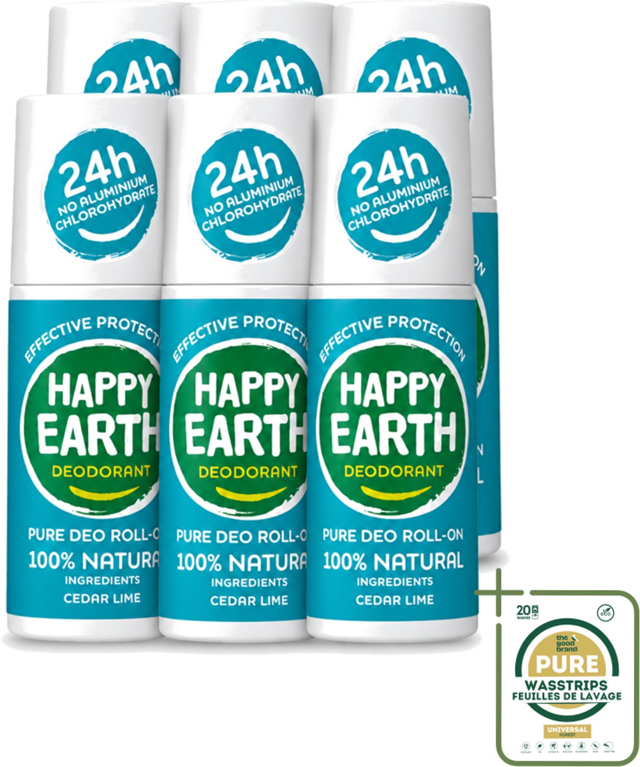 6 x Happy Earth – Deodorant Roll-On – 100% Natuurlijk Cedar Lime – 75 ml - Natuurlijke Deodorant - Cedar Lime - Roll-on Deodorant - Geur Ceder En Limoen - Gevoelige Huid
