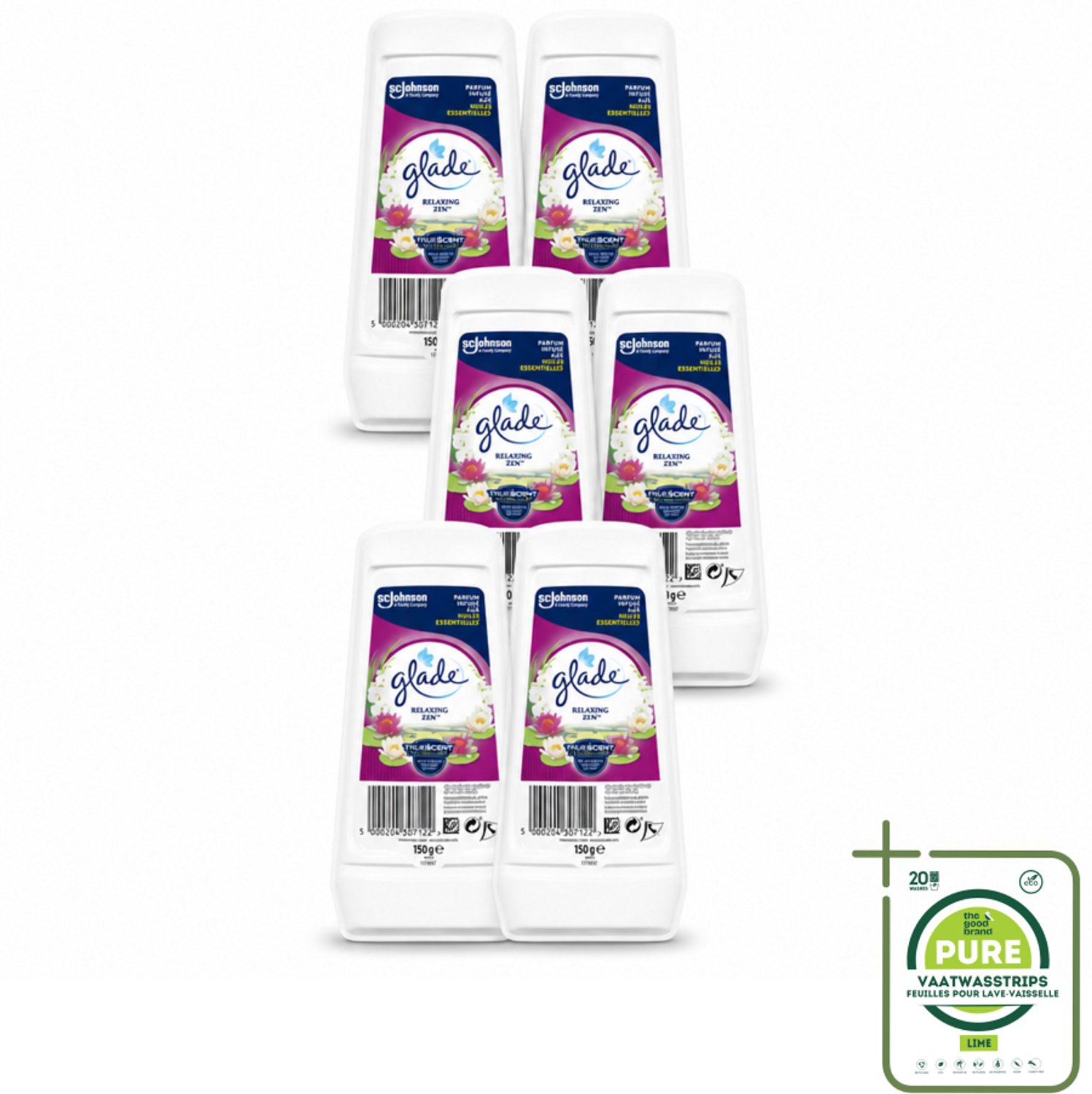 6 x Glade – Luchtverfrisser Gel – Relaxing Zen – 150 g - Grootverpakking - Luchtverfrisser - Ontspannende Geur - Frisse Geur - Geur Neutraliseren - Essentiële Oliën