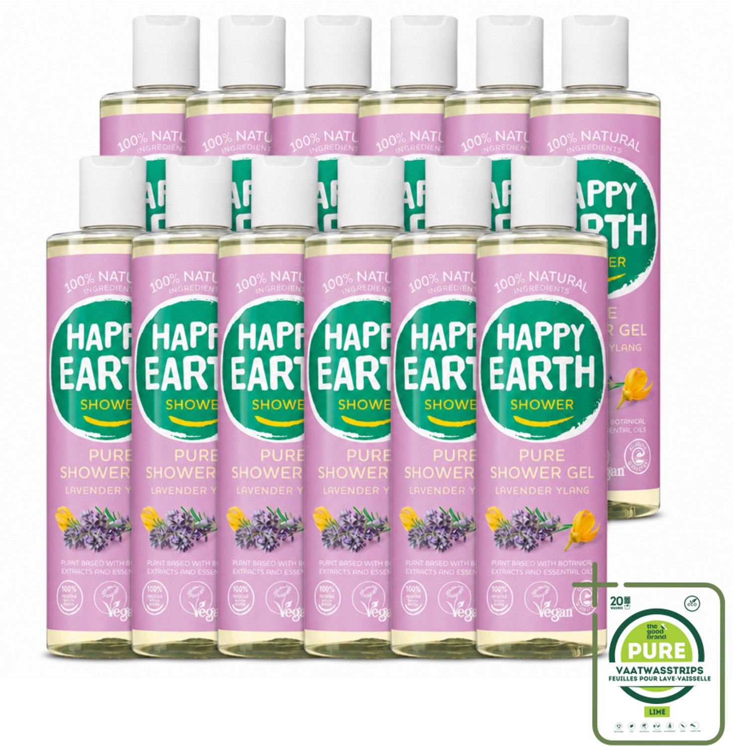 12 x Happy Earth – Douchegel – 100% Natuurlijk Lavender Ylang – 300 ml - Grootverpakking - Vaatwasstrips - Douche Gel - Natuurlijke Douche - Lavendel Douche - Ylang-ylang Douche - Vegan Douche
