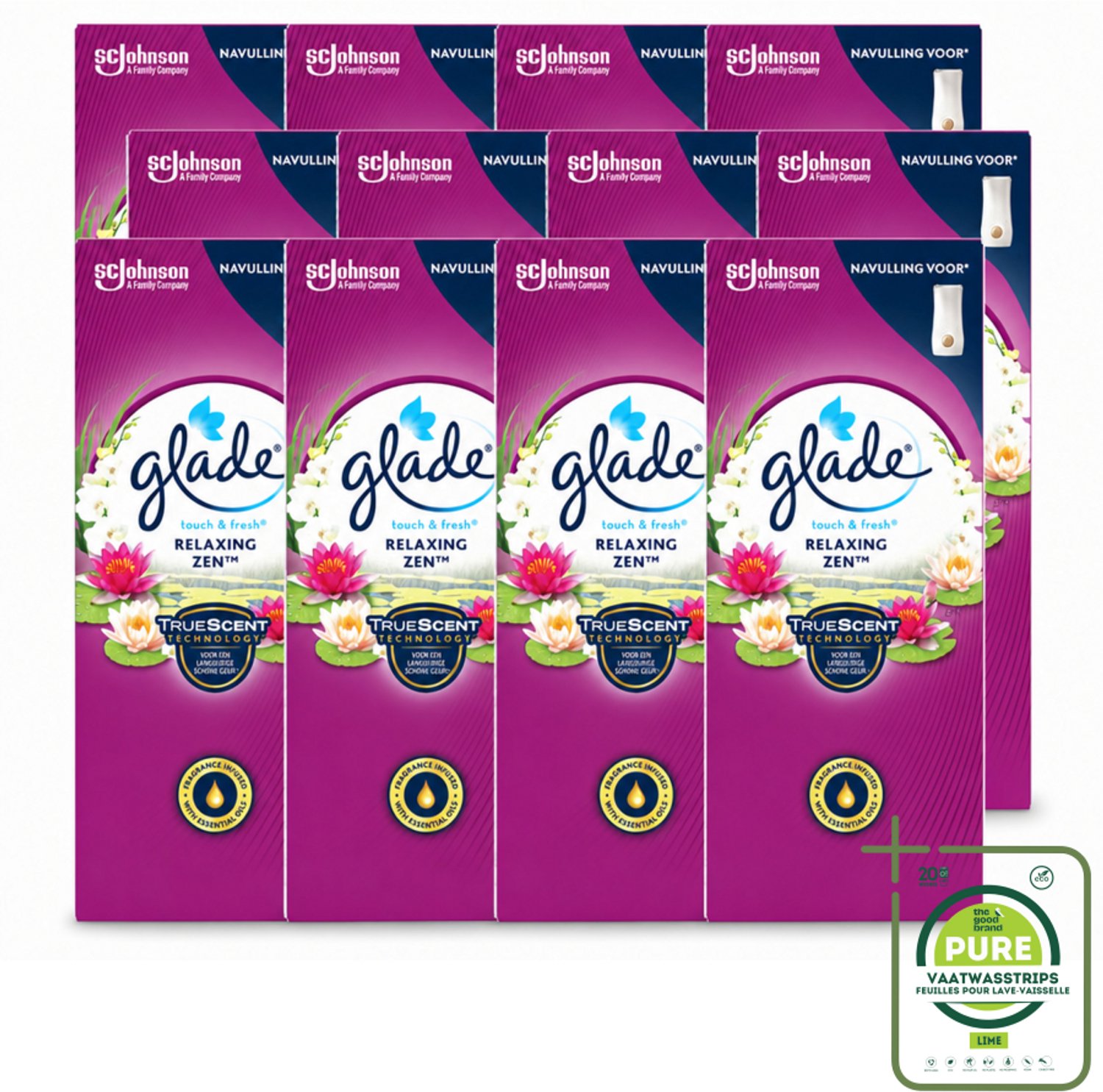 12 x Glade – Touch & Fresh Navulling – Relaxing Zen – 10 ml - Grootverpakking - Geurboost - Luchtverfrisser - Ontspannende Geur - Frisse Geur - Sandelhout