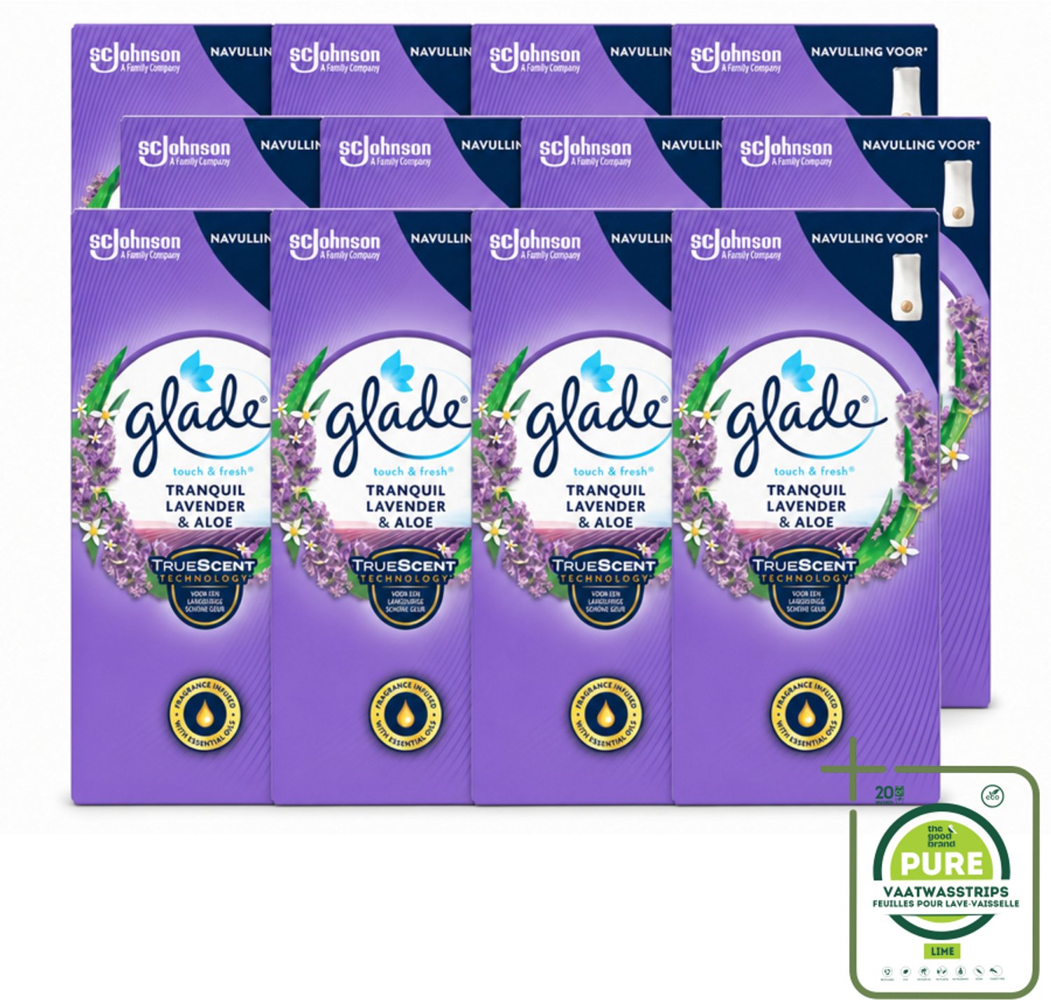 12 x Glade – Touch & Fresh Navulling – Tranquil Lavender & Aloe – 10 ml - Grootverpakking - Lavendel En Aloë Luchtverfrisser - Compacte Geurboost - Touch & Fresh Navulling - Glade Lavendel Geur