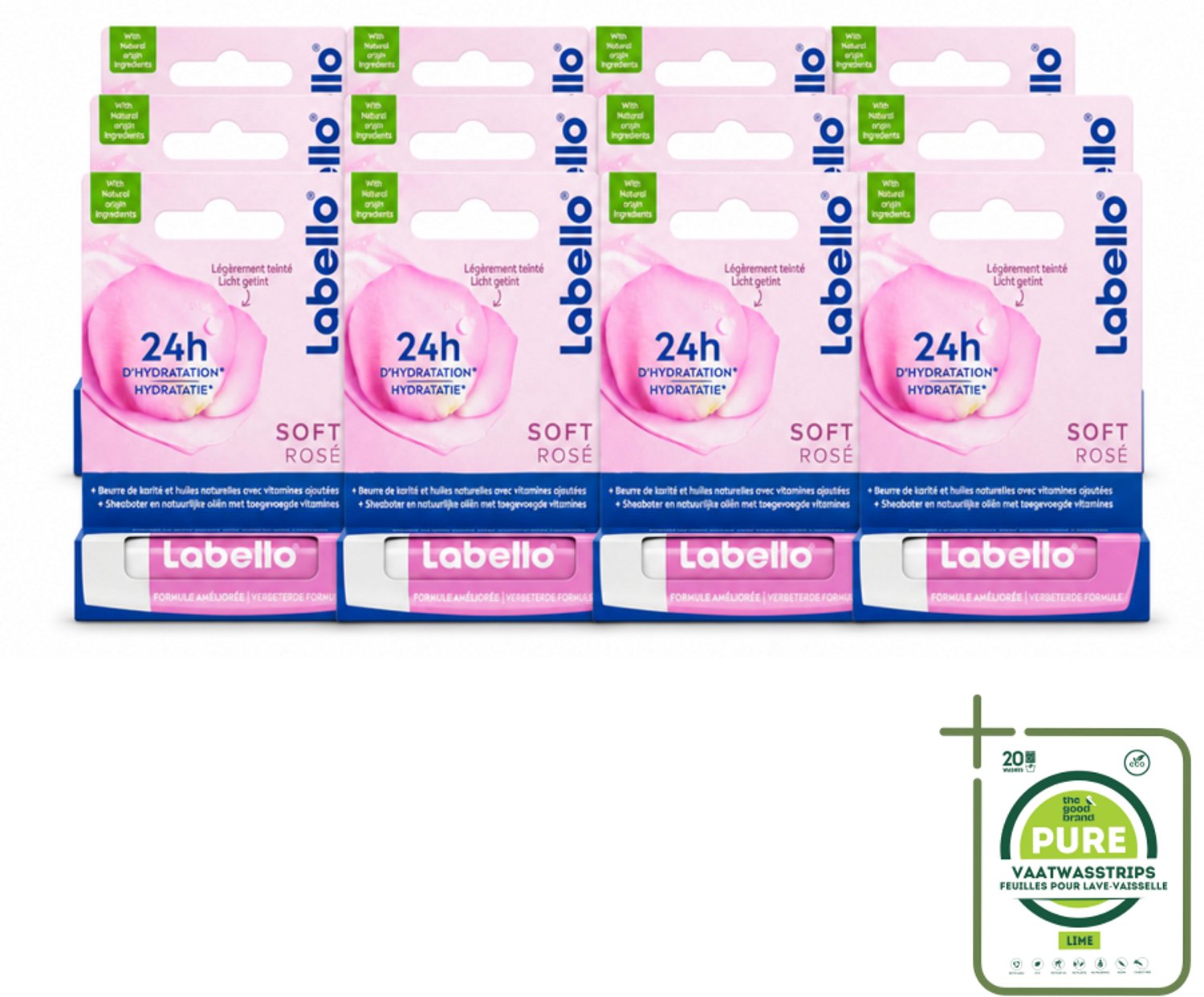12 x Labello – Lippenbalsem – Soft Rosé – Lippenbalsem – 24H Hydratatie - Grootverpakking - Vaatwasstrips - Hydraatende Lippenbalsem - Roze Lippenbalsem - Natuurlijke Lippenverzorging - Lippenhydratatie - Rozenextract