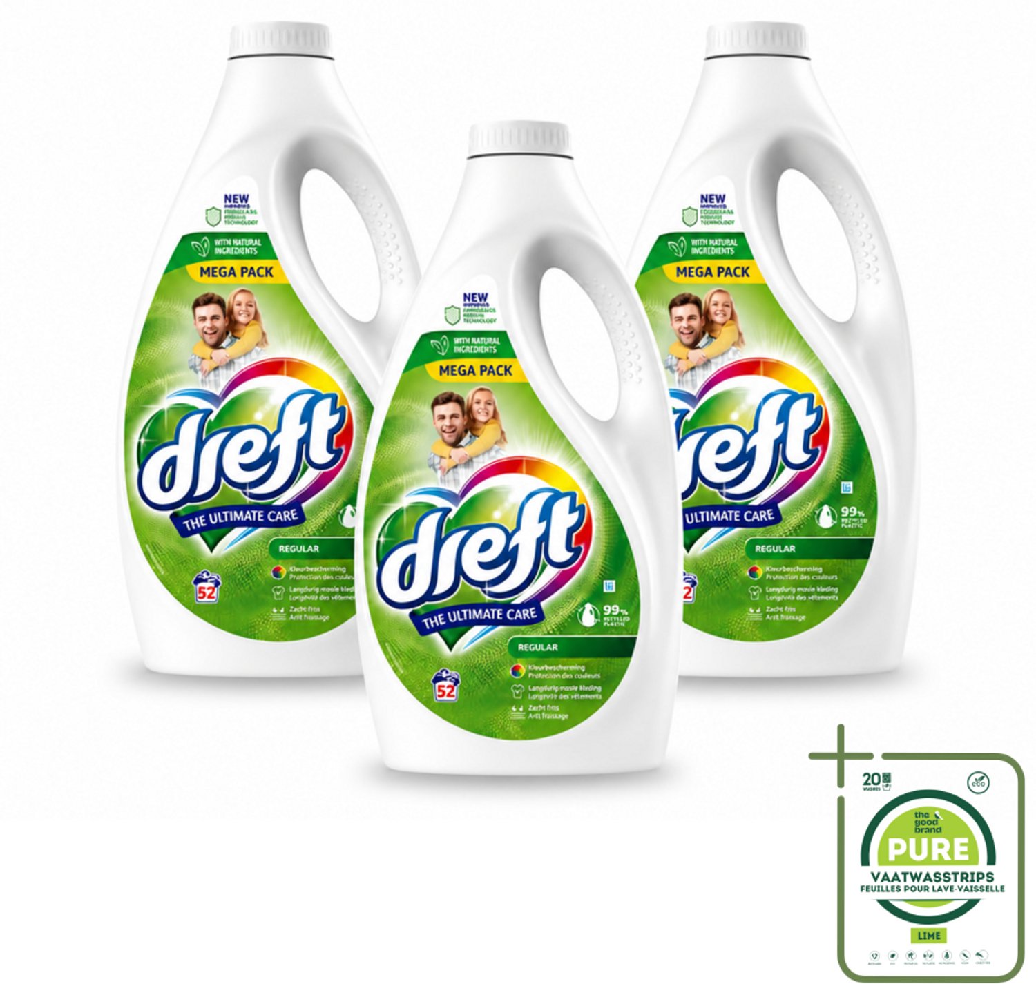 3 x Dreft – Regular – Vloeibaar Wasmiddel – 2,34 liter – 52 wasbeurten - Grootverpakking - Vaatwasstrips - Wasmiddel - Geconcentreerd Wasmiddel - Vloeibaar Wasmiddel - Kleding Reinigen - Kleur Beschermen