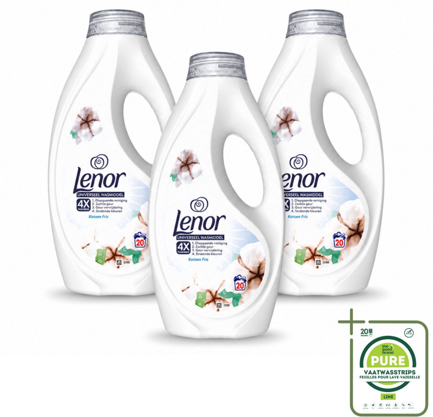3 x Lenor – Wasmiddel – Katoen Fris – 20 Wasbeurten - 900 ml - Grootverpakking - Vaatwasstrips - Wasmiddel Katoen - Fris Wasmiddel - Wasmiddel Voor Katoen - Wasmiddel Met Geur - Wasmiddel Voor Kleding