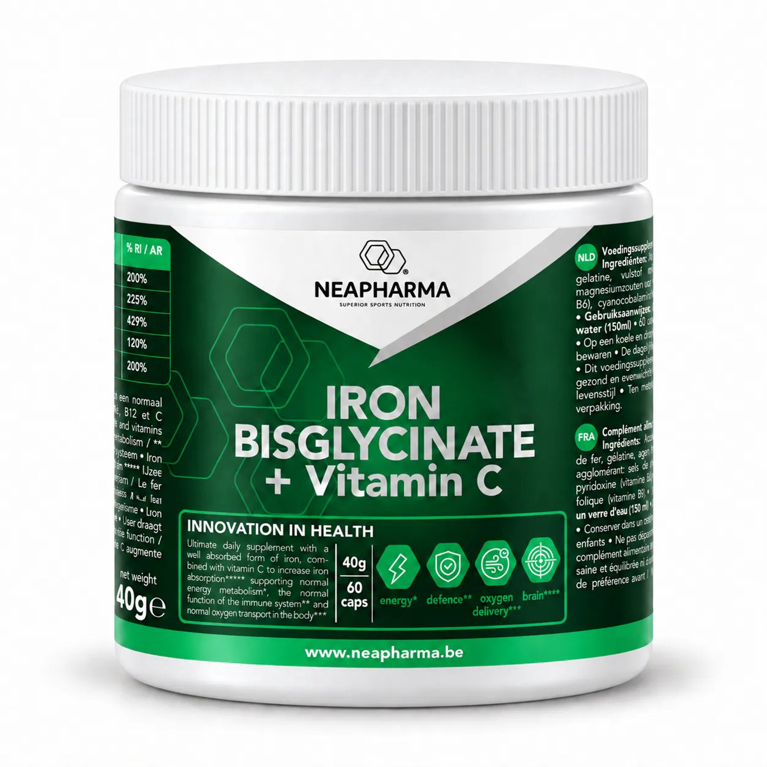 Ijzer bisglycinaat met Vitamine C en foliumzuur B9 - Neapharma - 60 capsules - Hoger hematocriet & zuurstofopname Supplement B vitaminen mineralen Vegan -