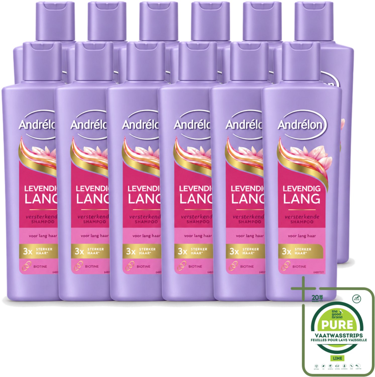 12 x Andrélon – Shampoo – Levendig Lang – 250 ml - Grootverpakking - Vaatwasstrips - Lang Haar Verzorging - Haar Versterken - Biotine Shampoo - Haarbreuk Voorkomen - Gespleten Punten