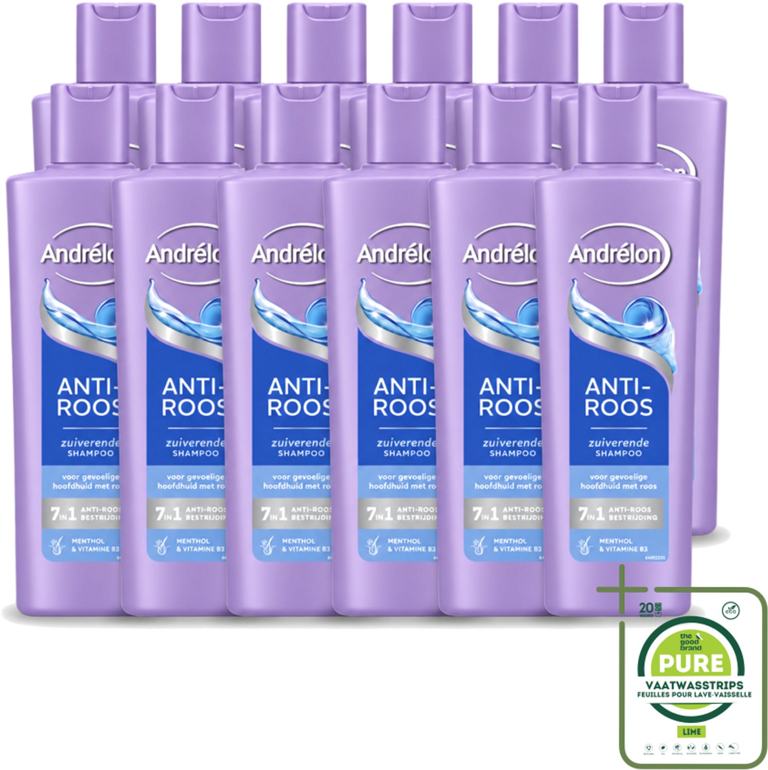 12 x Andrélon – Shampoo – Anti Roos – 250 ml - Grootverpakking - Vaatwasstrips - Roos Haar - Roos Hoofdhuid - Anti-roos Shampoo - Menthol Shampoo - Vitamine B3 Shampoo