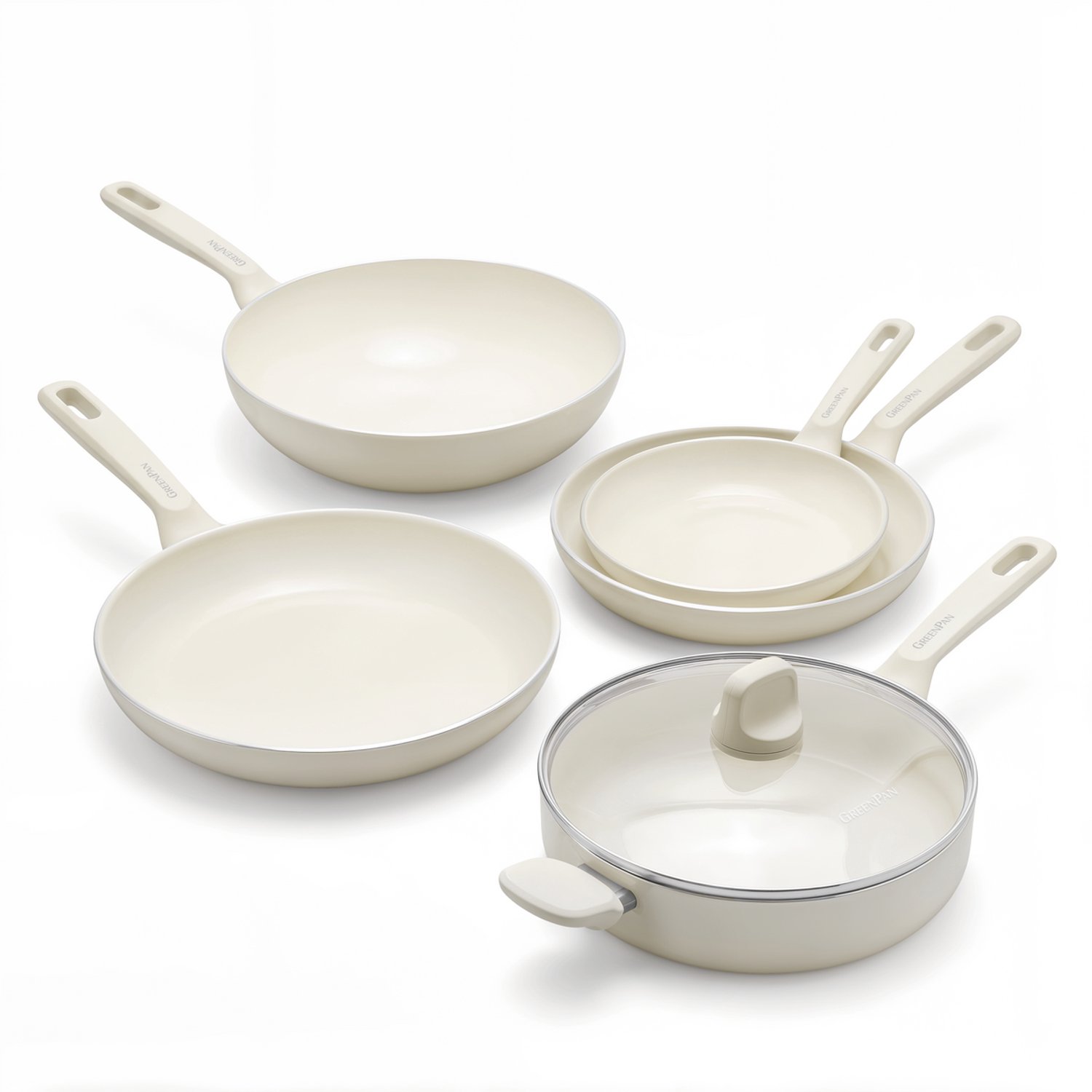 GreenPan Memphis Pannenset 5-delig - Koekenpannen 20/24/28 cm + Wokpan 28 cm/3,69L + Hapjespan 28 cm/4,2L - PFAS-vrije antiaanbaklaag - Pannenset inductie - Keramische pan - Crème