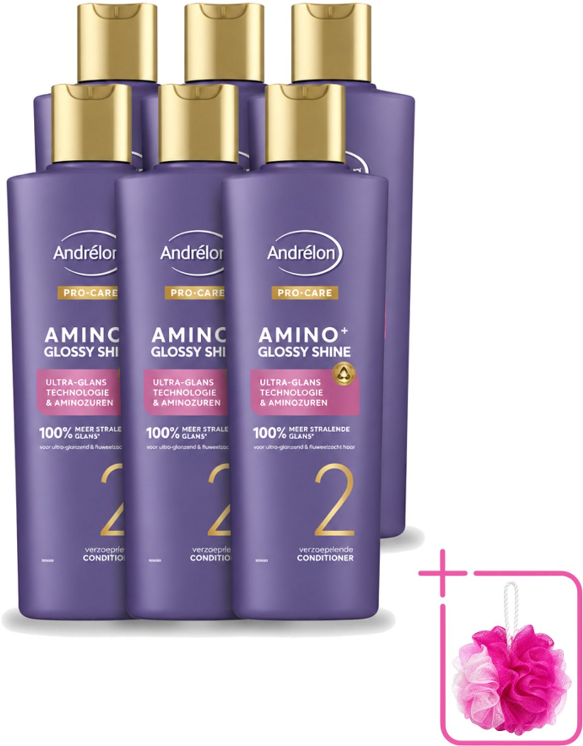 6 x Andrélon – Conditioner – Pro Care Amino+ Glossy Shine – 250 ml - Bulkverpakking - Haar glans - Douchemop - Aminozuren
