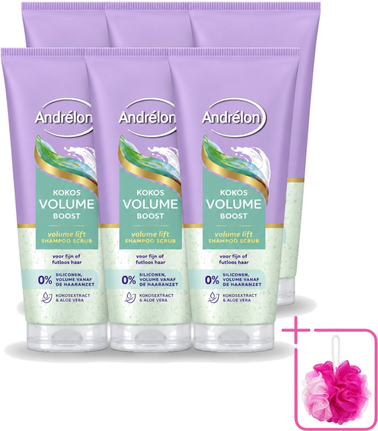 6 x Andrélon – Shampoo Scrub – Kokos Volume Boost – 200 ml - Bulkverpakking - Haarkleur - Douchemop - Haartype