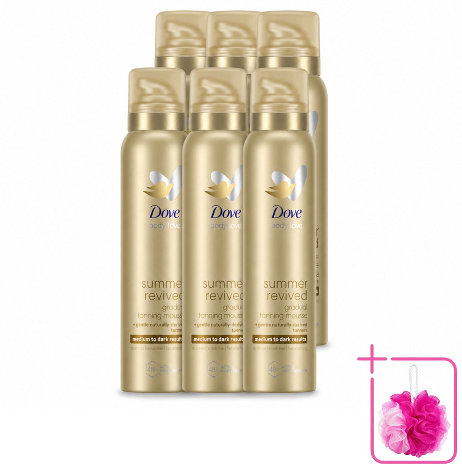 6 x Dove – Bodymousse – Summer Revived Medium-Dark – 150 ml - Bulkverpakking - Zelfbruinende bodymousse - Douchemop - Natuurlijke teint