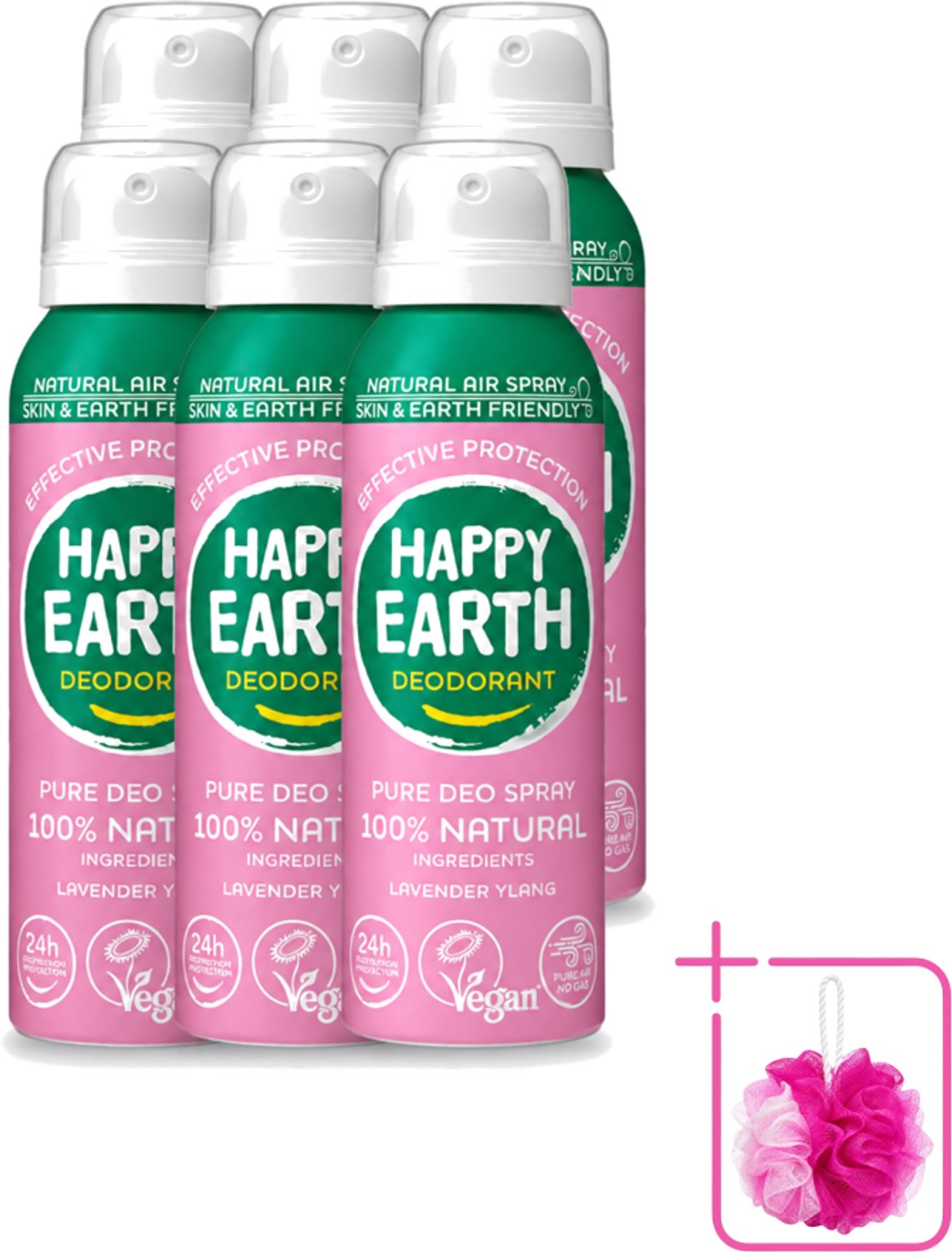 6 x Happy Earth – Deodorant Spray – 100% Natuurlijk Lavender Ylang – 100 ml - Bulkverpakking - Natuurlijke deodorant spray - Douchemop - Luchtdeodorant