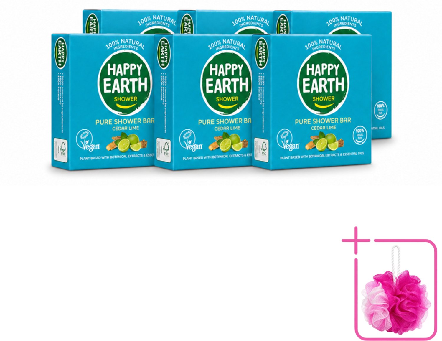 6 x Happy Earth – Shower Bar – 100% Natuurlijk Cedar Lime – 90 g - Bulkverpakking - Douchebar - Douchemop - Natuurlijke douche
