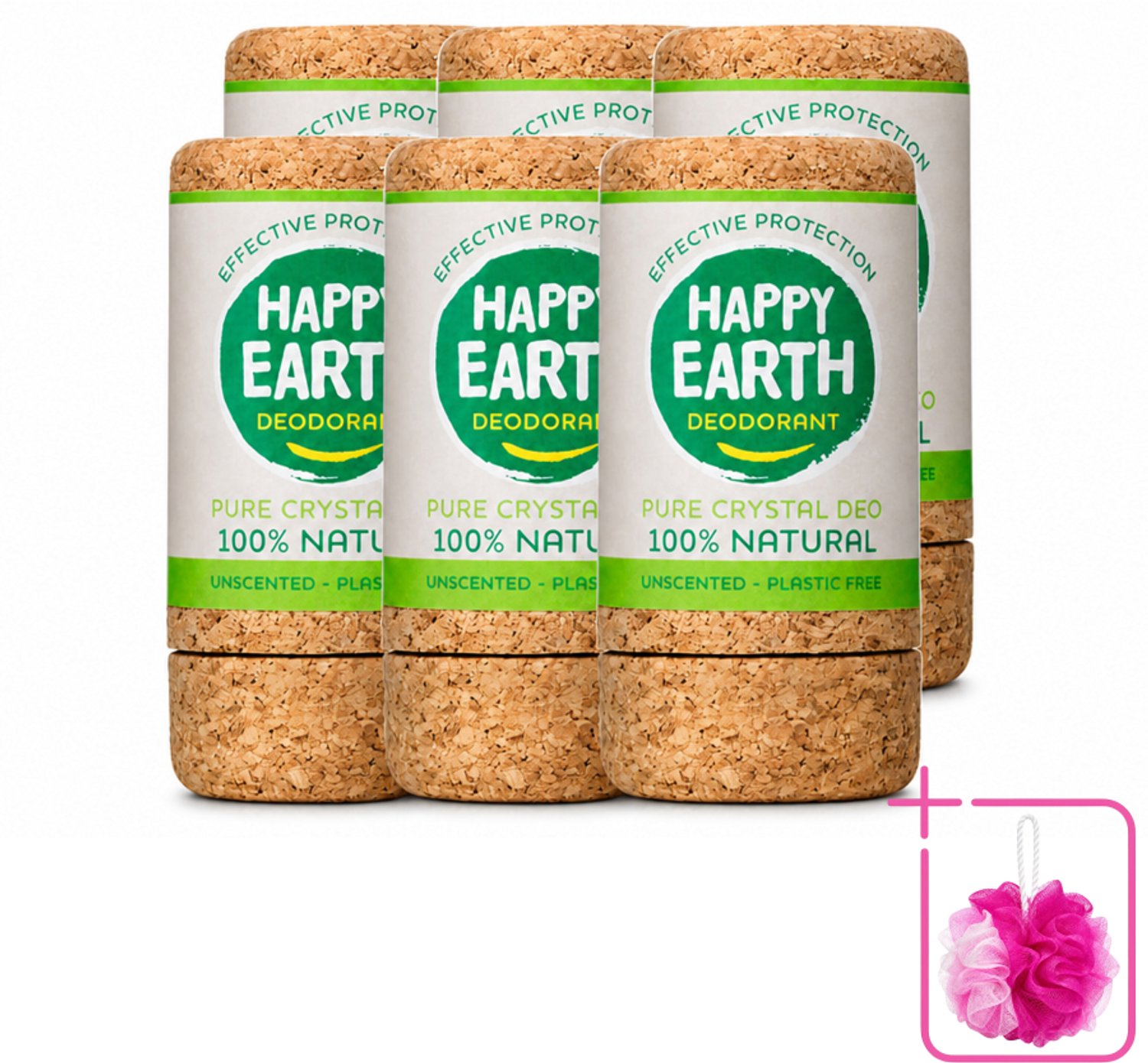 6 x Happy Earth – Deodorant Crystal – 100% Natuurlijk Unscented – 90 g - Bulkverpakking - Geurloze deodorant - Douchemop - Hypoallergene deodorant
