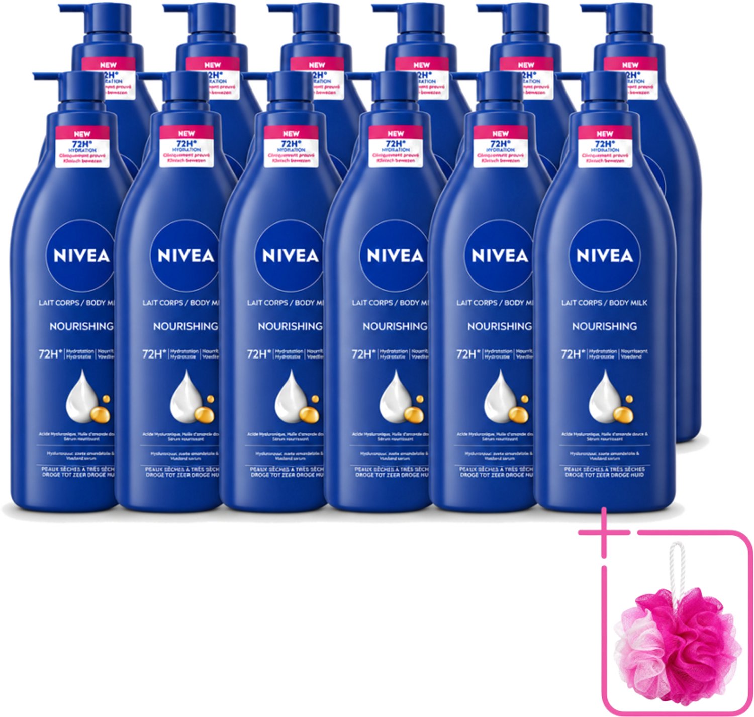 12 x Nivea - Nourishing - Body Milk met Pomp - Voor Droge tot Zeer Droge Huid - 72 uur Hydratatie - 400 ml - Bulkverpakking - Hydratatie huid - Douchemop - Droge huid
