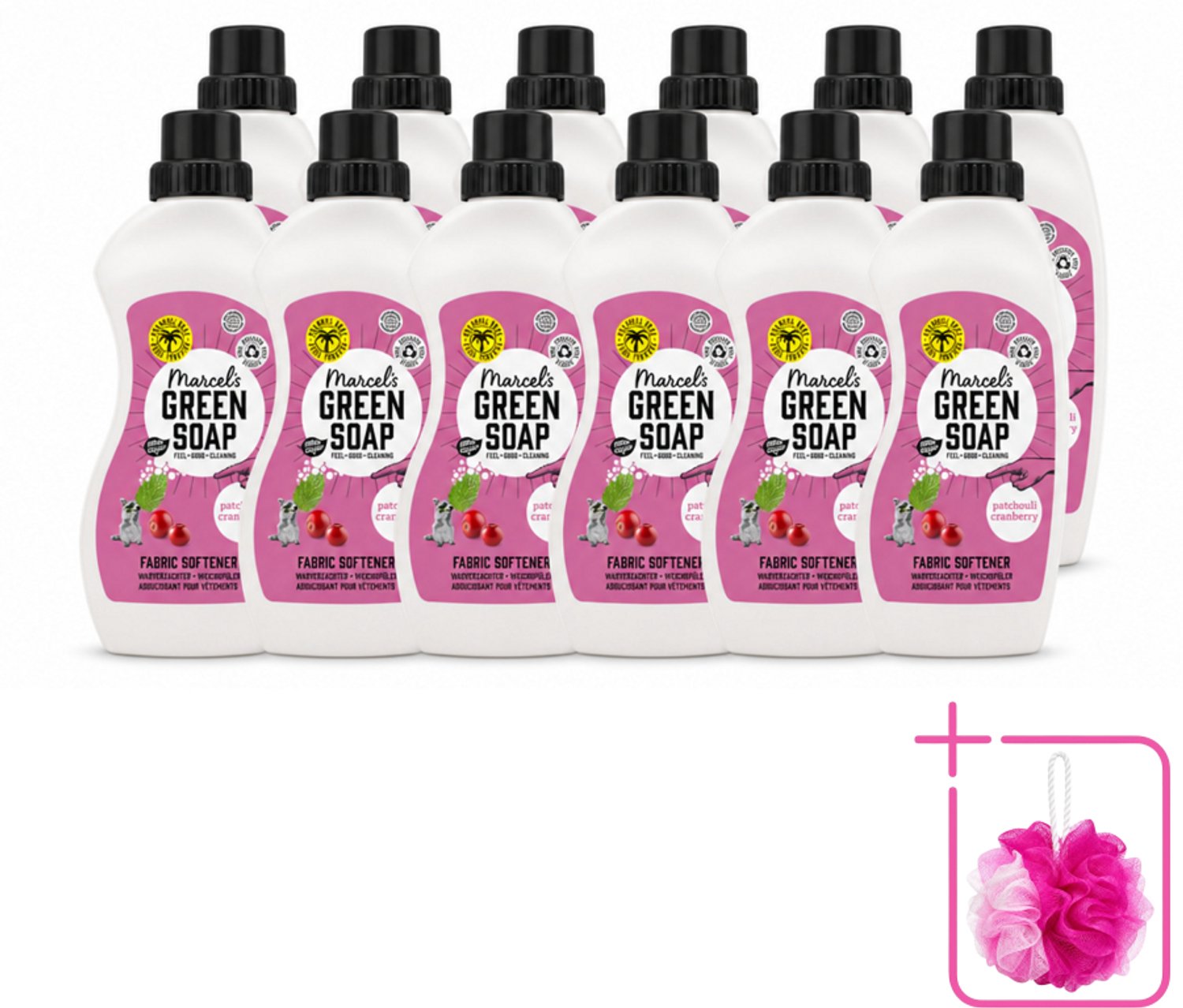 12 x Marcel's Green Soap - Wasverzachter - Patchouli & Cranberry - Zachte frisheid - 30 Wasbeurten - 750 ml - Bulkverpakking - Wasverzachter - Douchemop - Wasgoed verzachter
