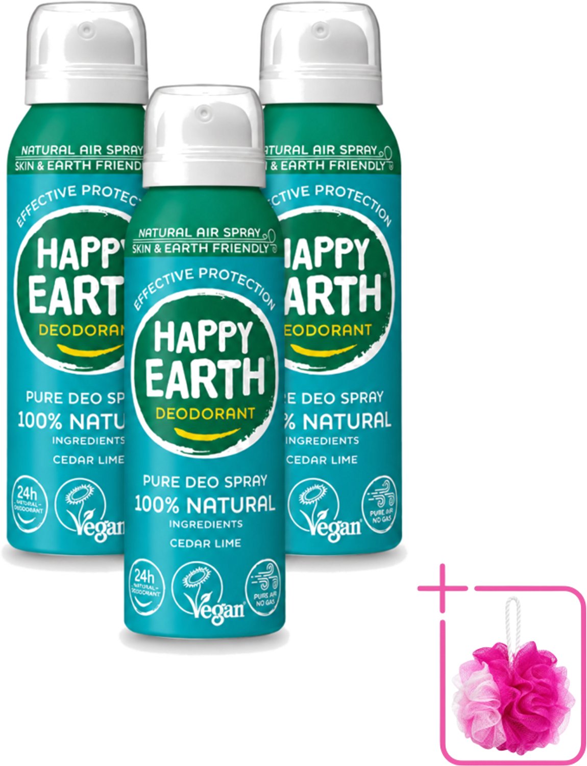 3 x Happy Earth – Deodorant Natural Air Spray – 100% Natuurlijk Cedar Lime – 100 ml - Bulkverpakking - Natuurlijke deodorant - Cederhout en limoen