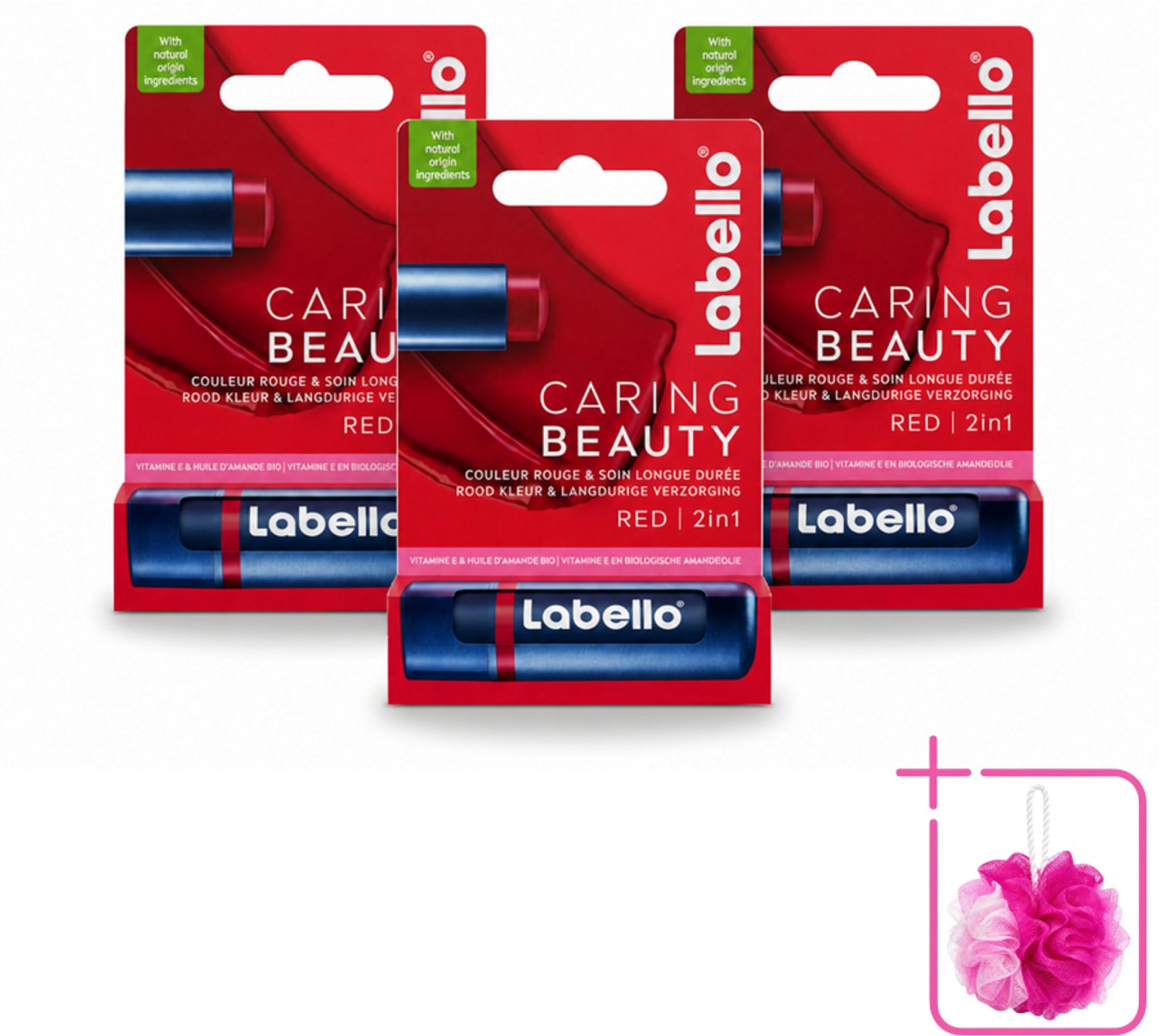 3 x Labello –Lippenbalsem – Caring Beauty Red – 5,5 ml - Bulkverpakking - Lippenbalsem - Douchemop - Verzorging