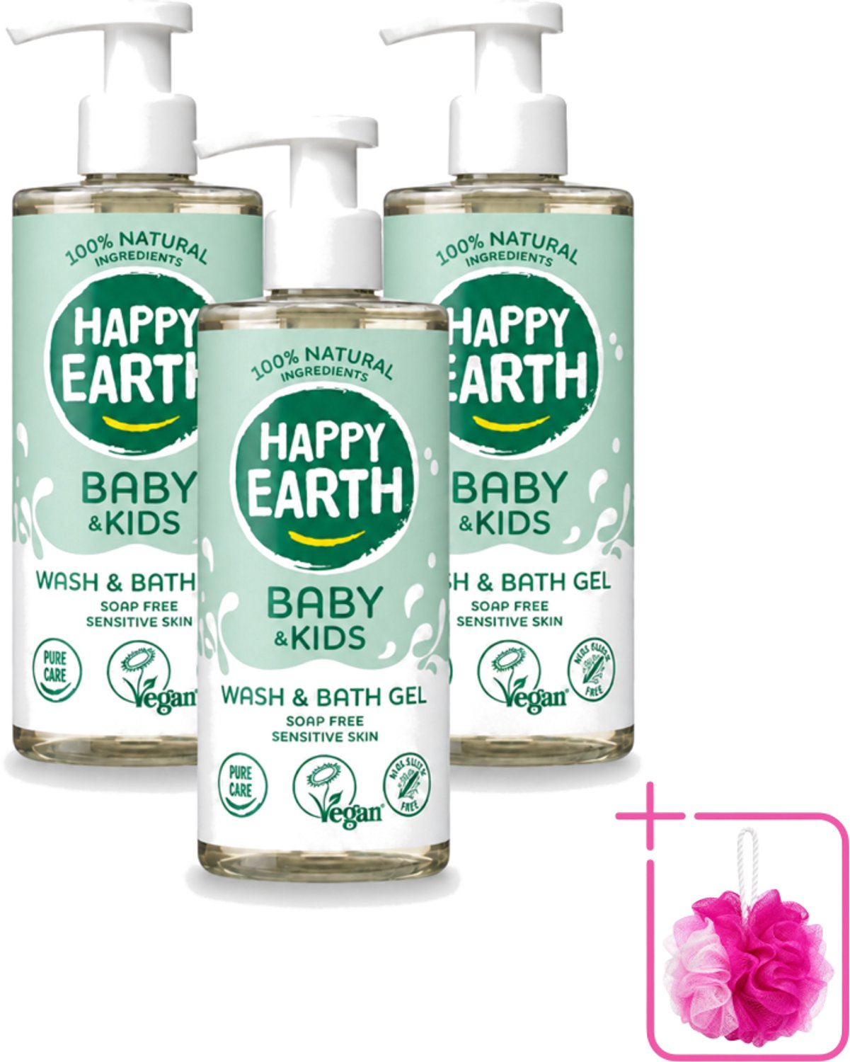3 x Happy Earth – Was & Badgel – Zeepvrij Baby & Kids – 300 ml - Bulkverpakking - Wasgel - Douchemop - Huidverzachter