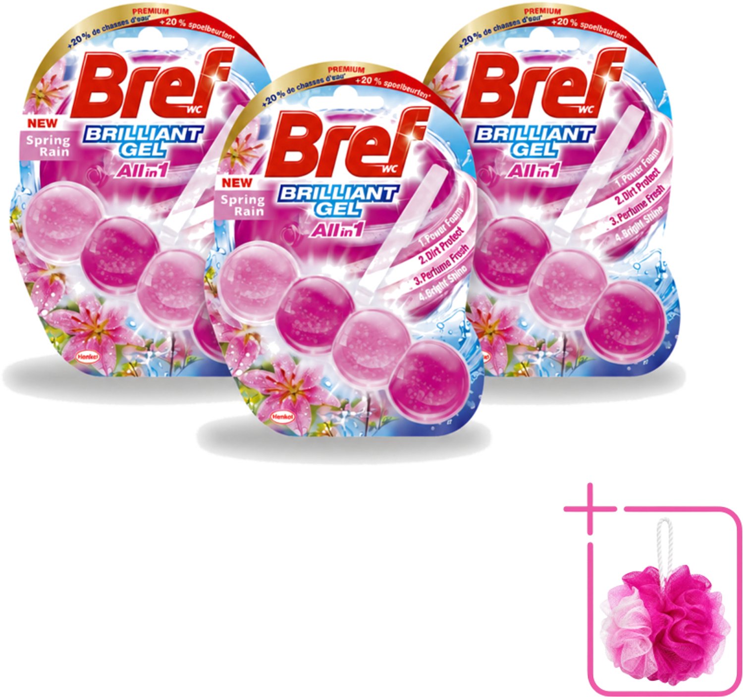 3 x Bref - Toiletblok - Brilliant Gel - Spring Rain - 42g - Bulkverpakking - Toilet reinigen - Douchemop - Toilet fris