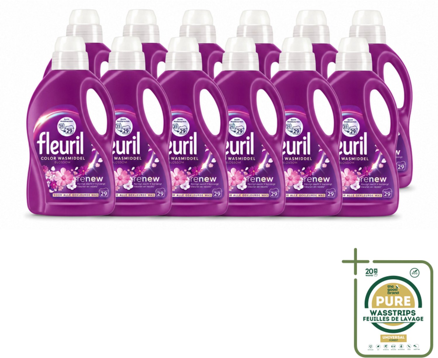 12 x Fleuril – Wasmiddel - Color Blossom – 29 wasbeurten – 1,305 L - Wasstrips - Kleurbehoud - Wasmiddel Voor Gekleurde Kleding - Bloesemgeur - Wasmiddel Voor Gekleurde Stoffen - Anti-verkleuring