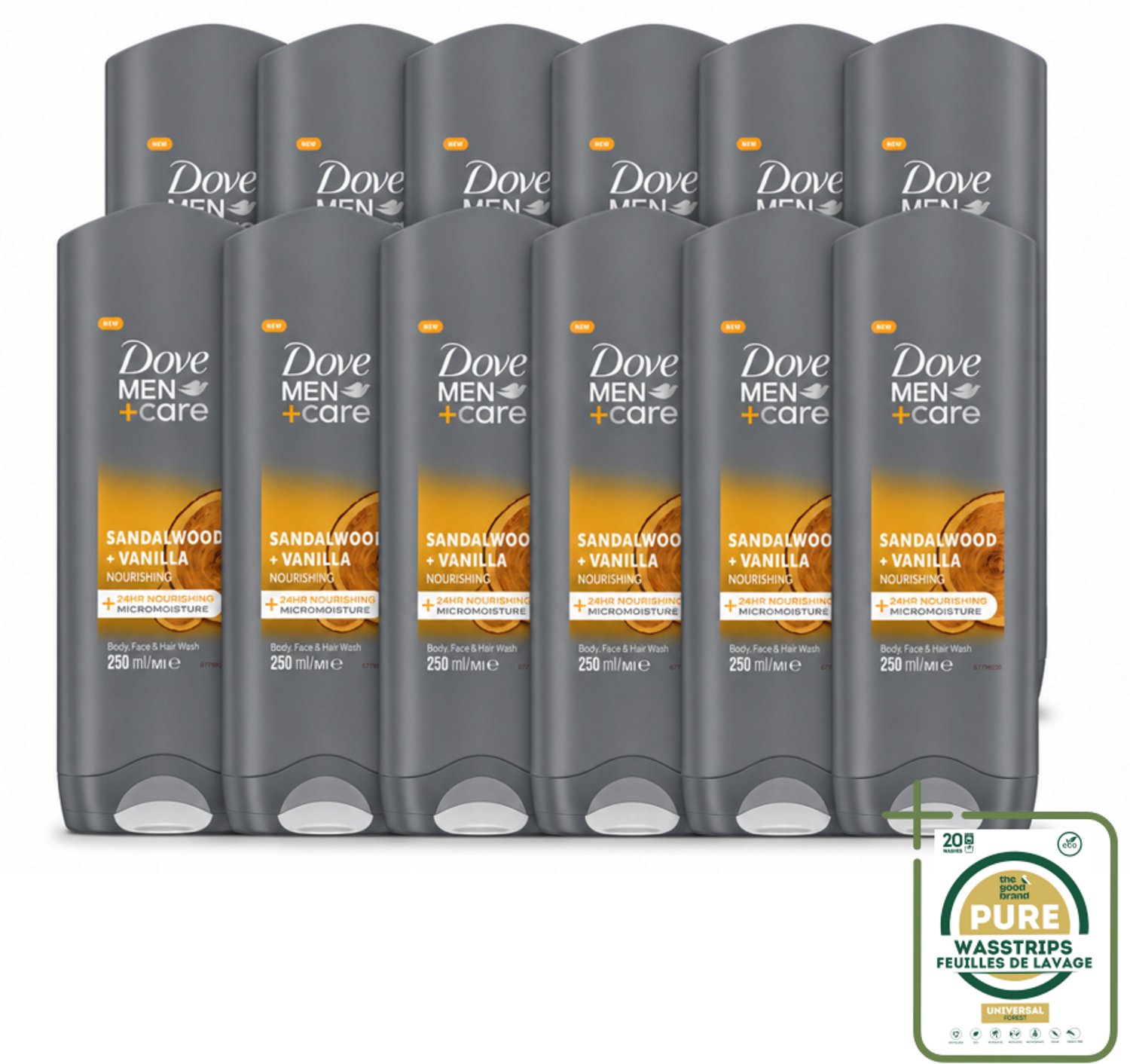 12 x Dove – Douchegel – Men+Care Sandalwood & Vanilla – 250 ml - Wasstrips - Douchegel Mannen - Huid Verzorging - Mannelijke Huid - Hydraterende Douchegel - Douchegel Voor Mannen
