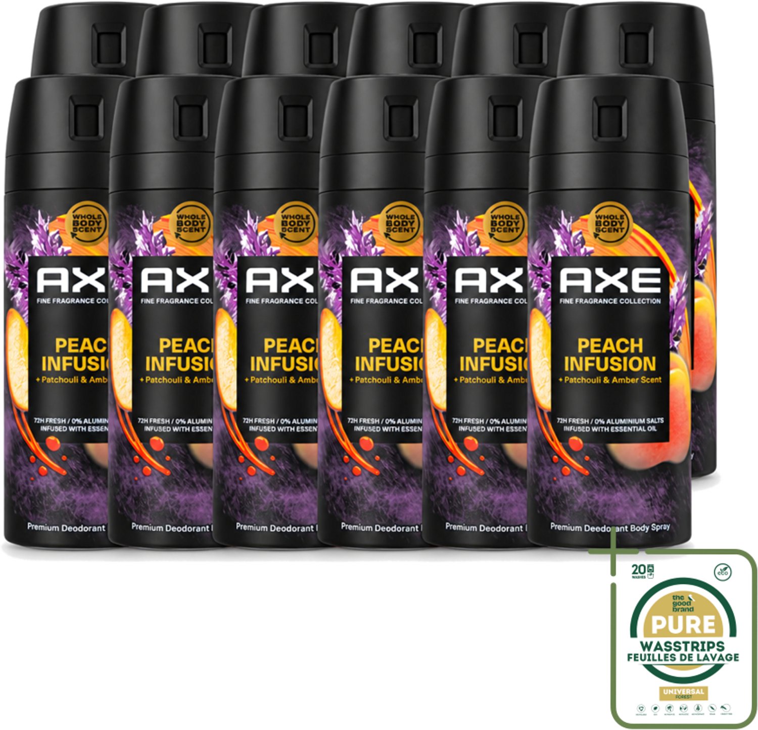 12 x Axe – Deodorant – Peach Infusion – 150 ml - Wasstrips - Deodorant - Bodyspray - Lichaamsgeur - Anti-perspirant - Patchoeli